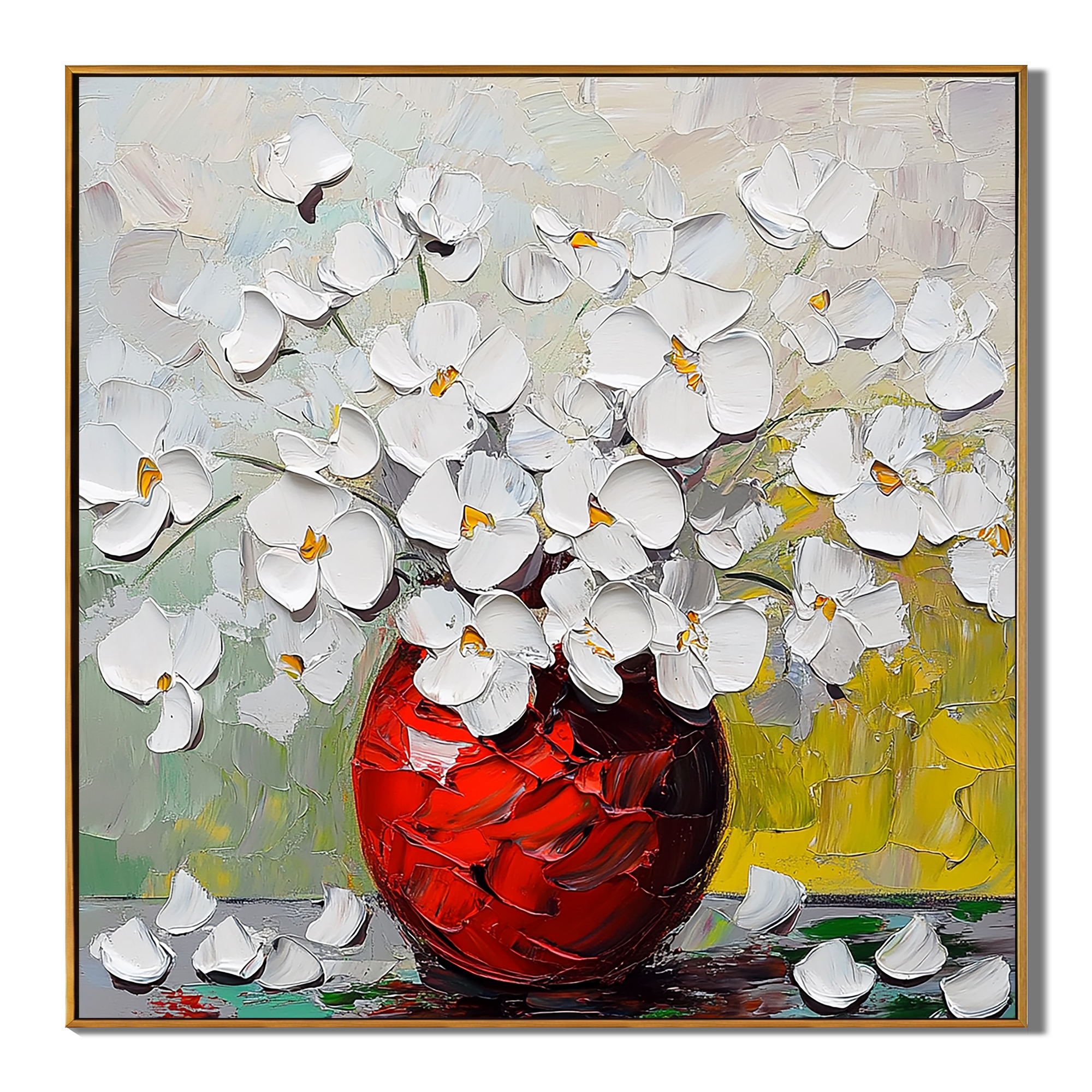 Crimson Radiance – Modern Textured White Floral Painting | Luxury Red Vase Impressionist Hallway Art