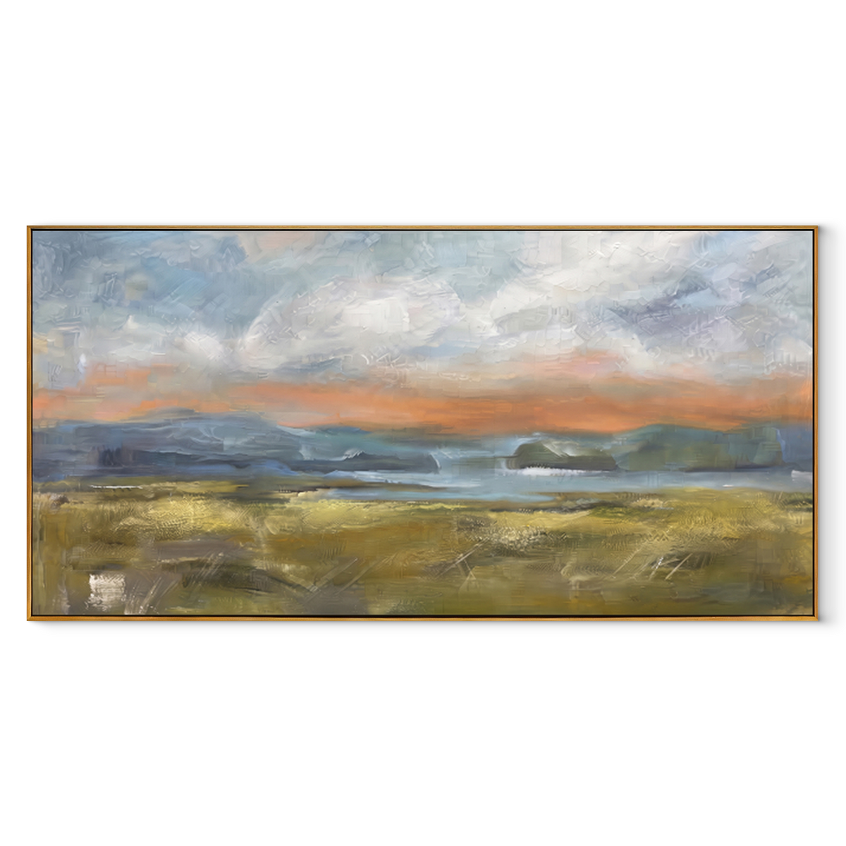 Evening Settles on Fields – Muted Sunset Landscape Painting | Modern Horizontal Wall Art