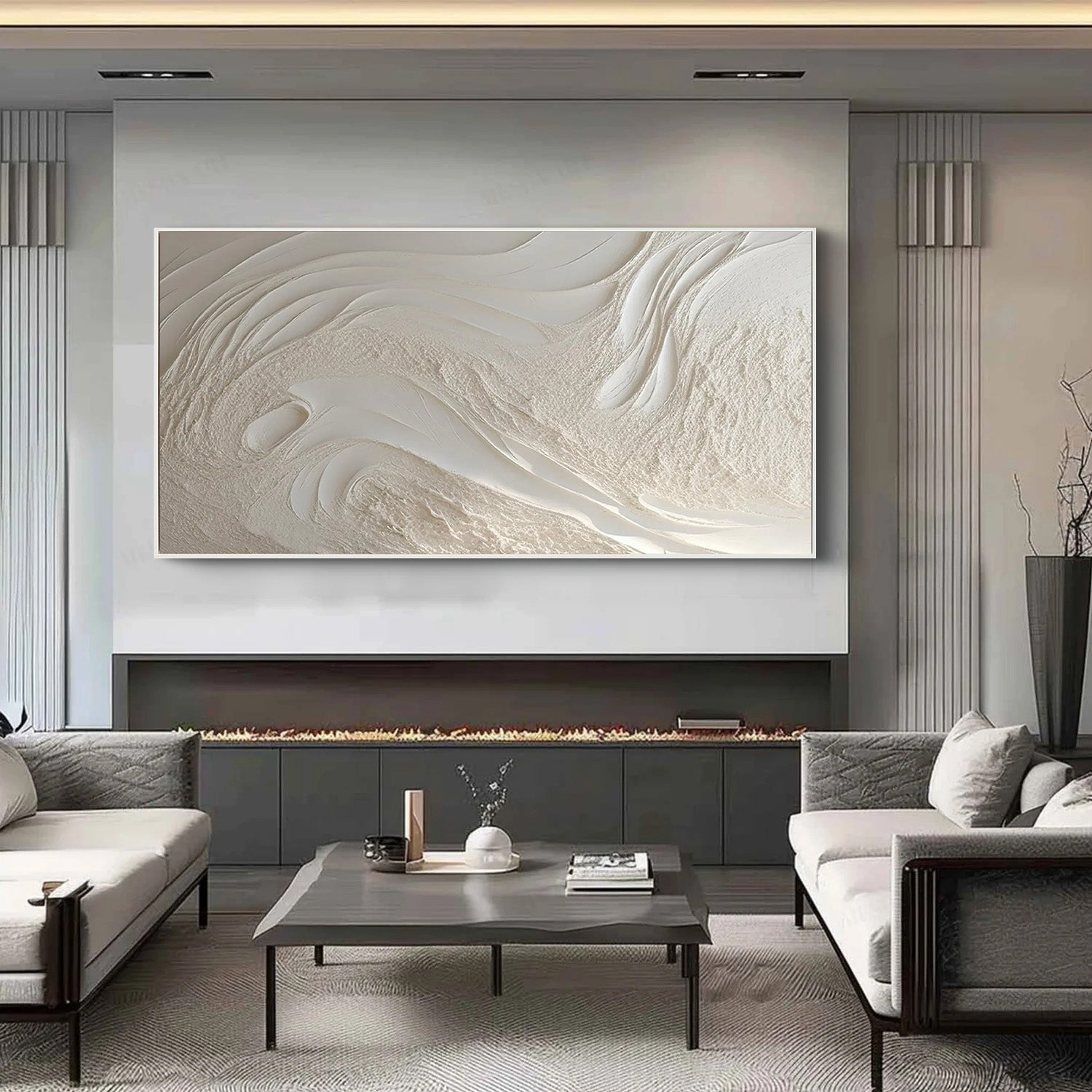WHISPERING TIDES: Minimalist Wall Art, Hand-Painted Plaster Effect Flowing Wave Heavy Texture Canvas Painting
