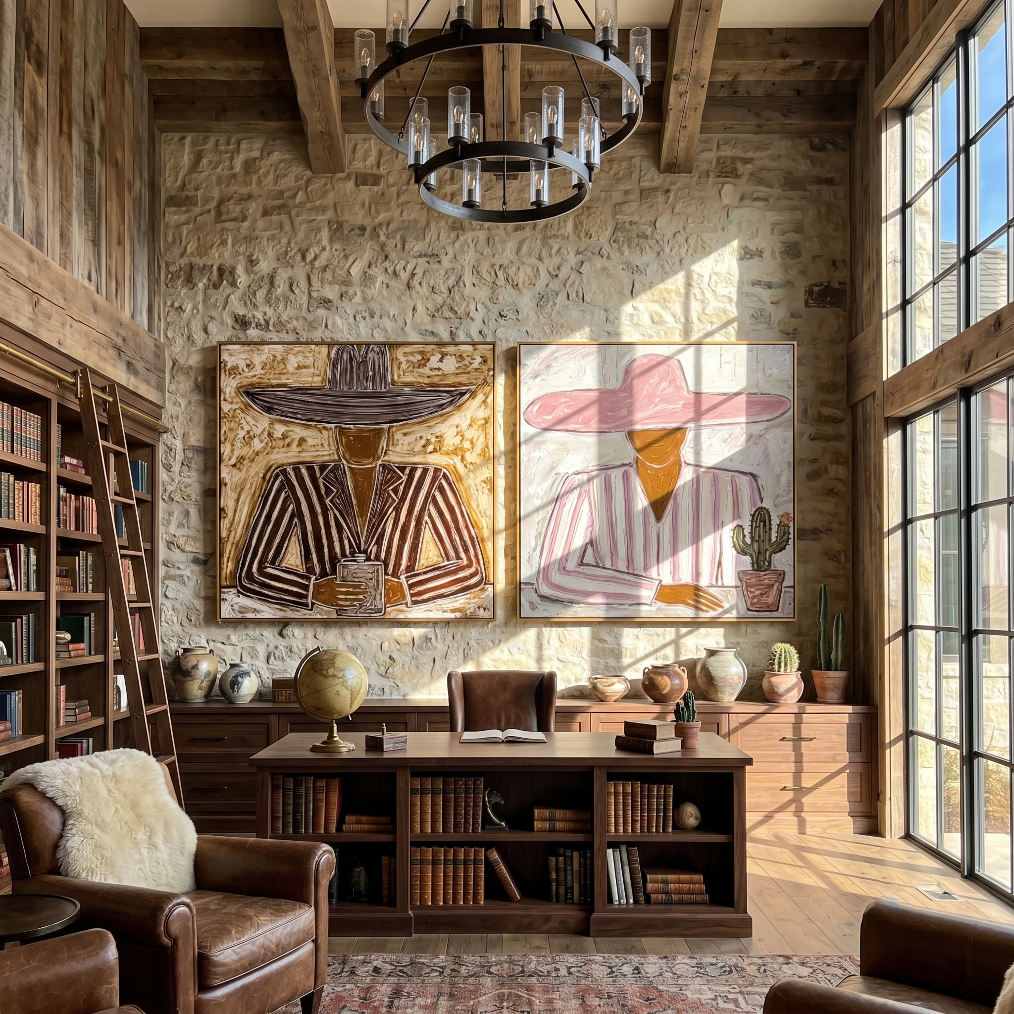 Hat & Cactus Diptych – Vintage Americana Two Sombrero Figures Two-Panel Painting | Colorful Rustic Living Room Art