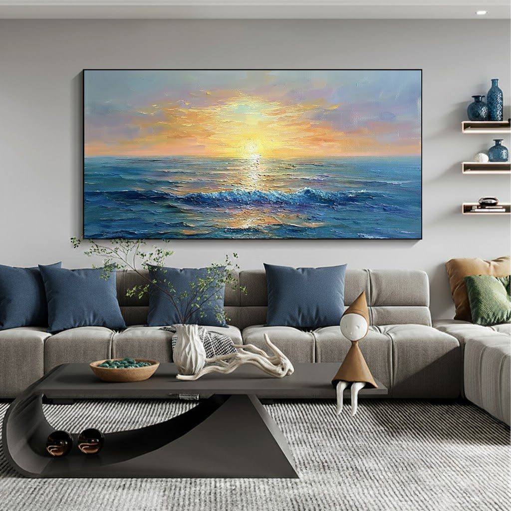 Golden Horizon – Ocean Sunset Wave Heavy Texture Hand-Painted Impressionist Seascape Painting | Coastal Modern Living Room & Bedroom Art