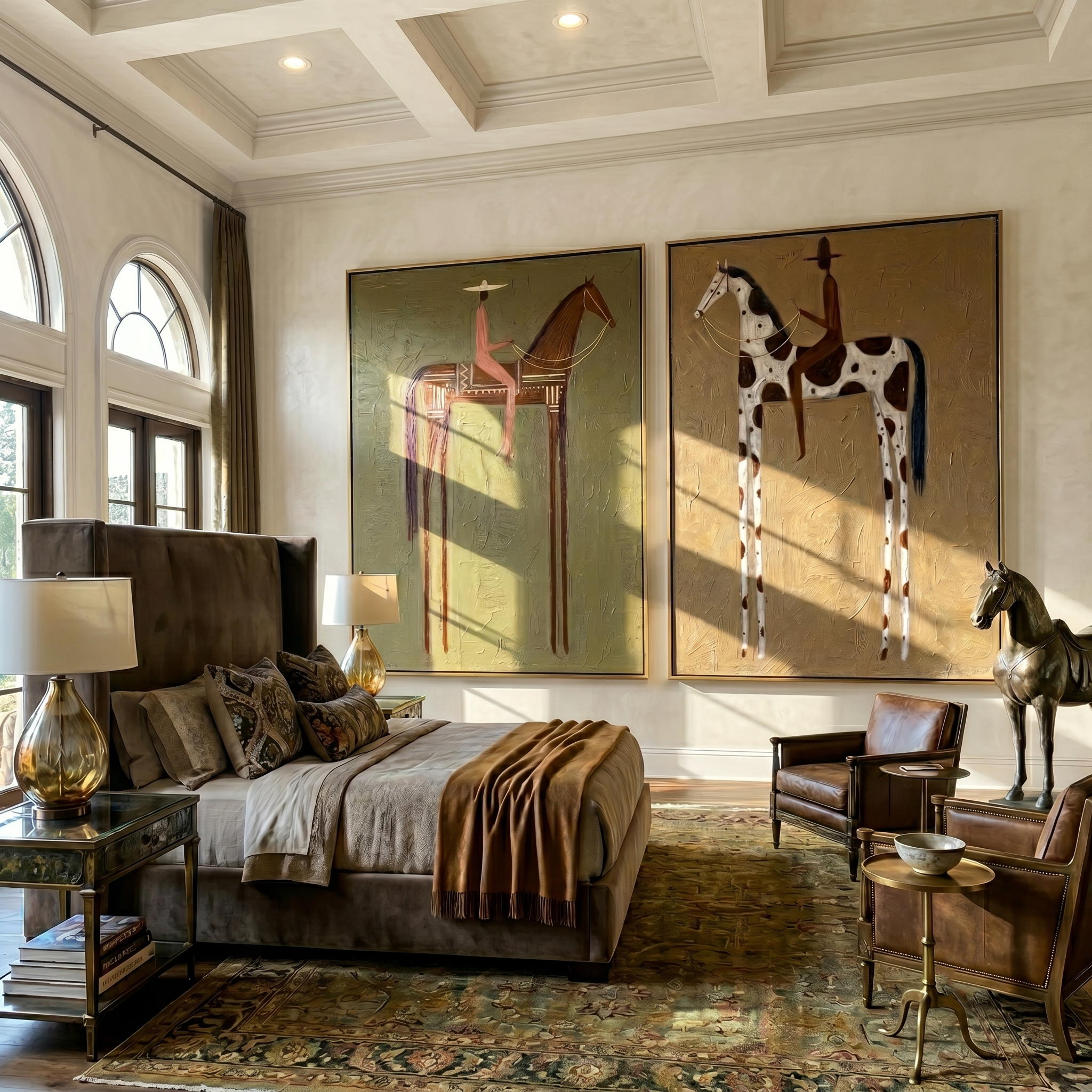 Gold Terrain Diptych – Vintage Americana Two Folk Riders Two-Panel Painting | Farmhouse Living Room Art