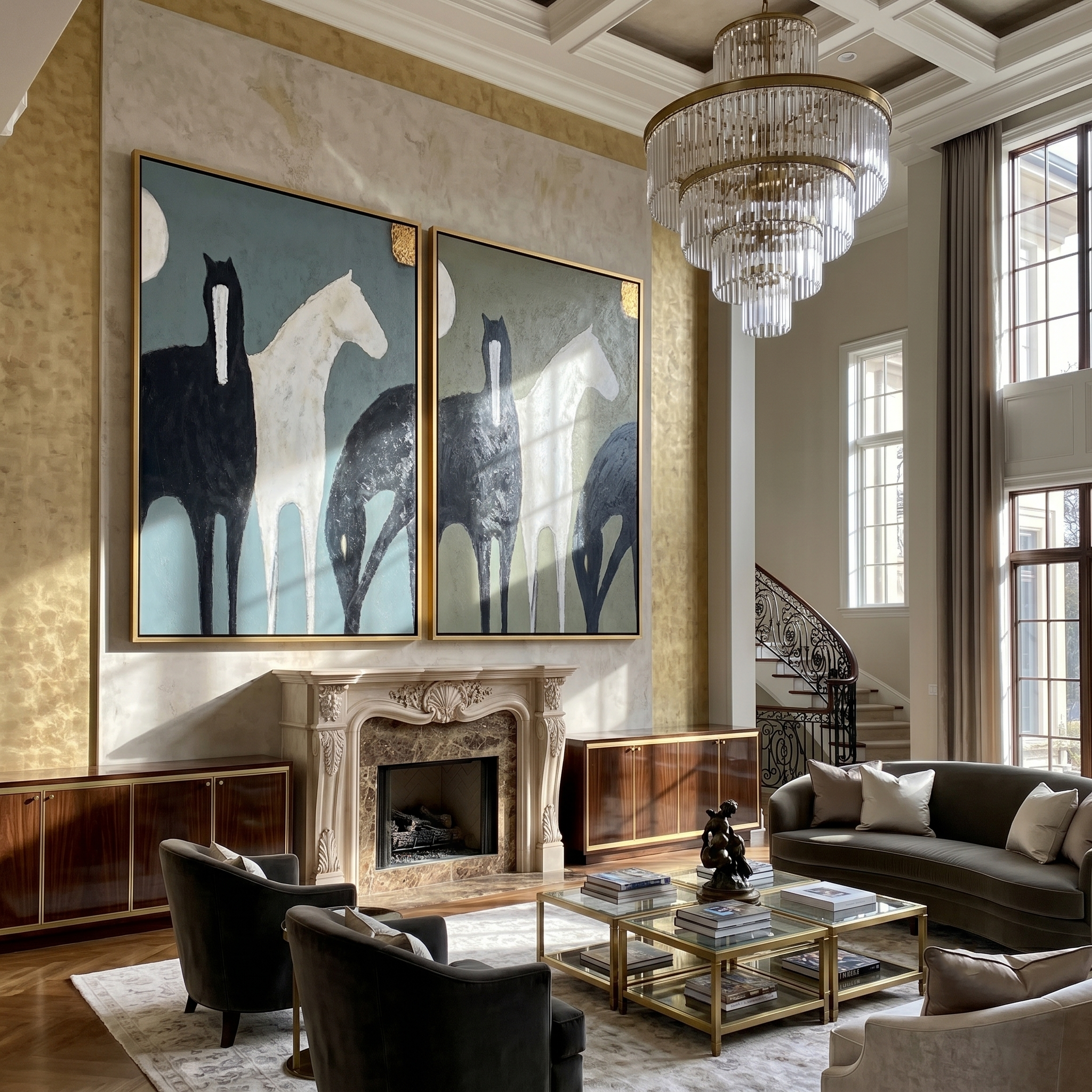Moon Pair Diptych – Vintage Americana Black & White Horse Two-Panel Painting | Modern Organic Living Room Art