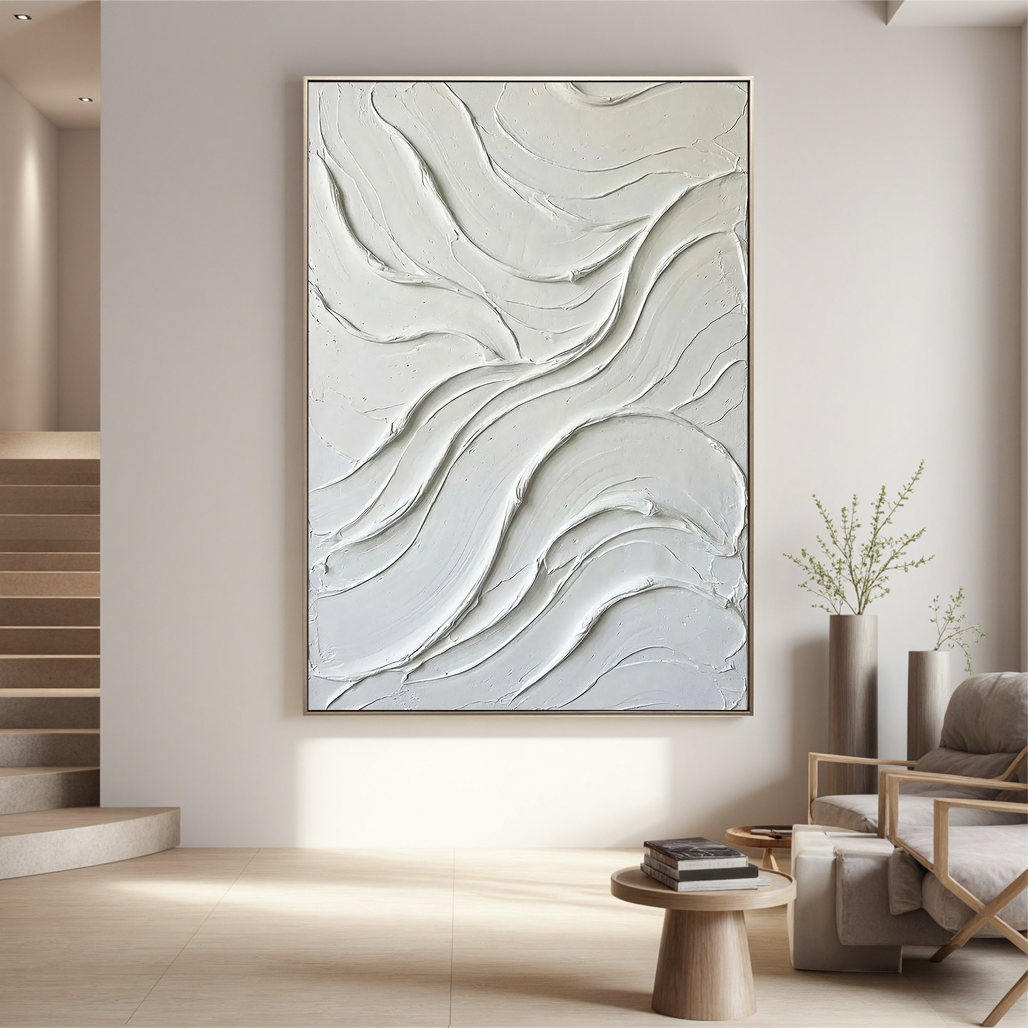 Fluid Harmony – Minimalist Wave Textured Painting | Modern Cream Style Plaster Line Bedroom Art