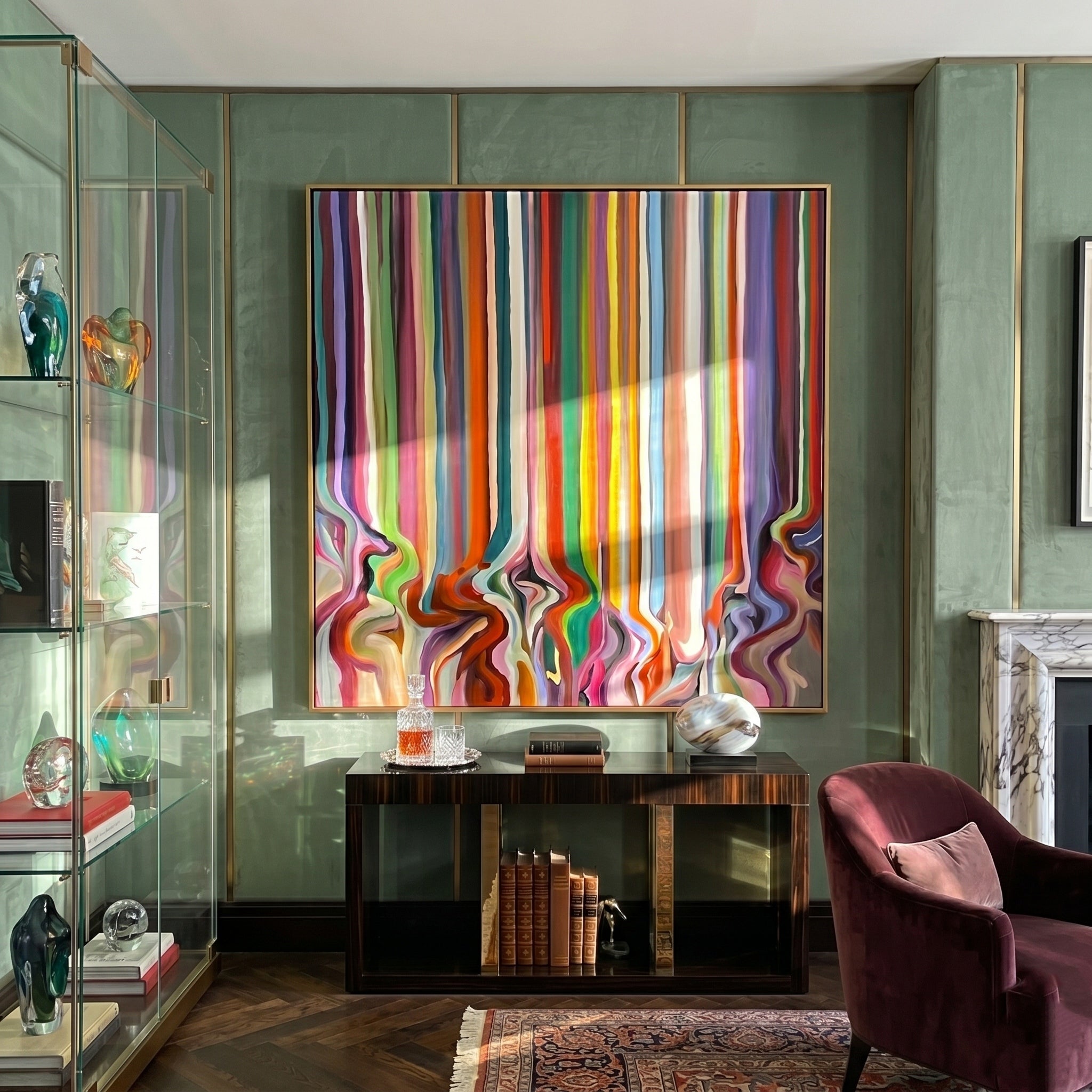 Chromatic Symphony – Modern Abstract Vertical Stripe Fluid Painting | High-End Canvas Living Room Art
