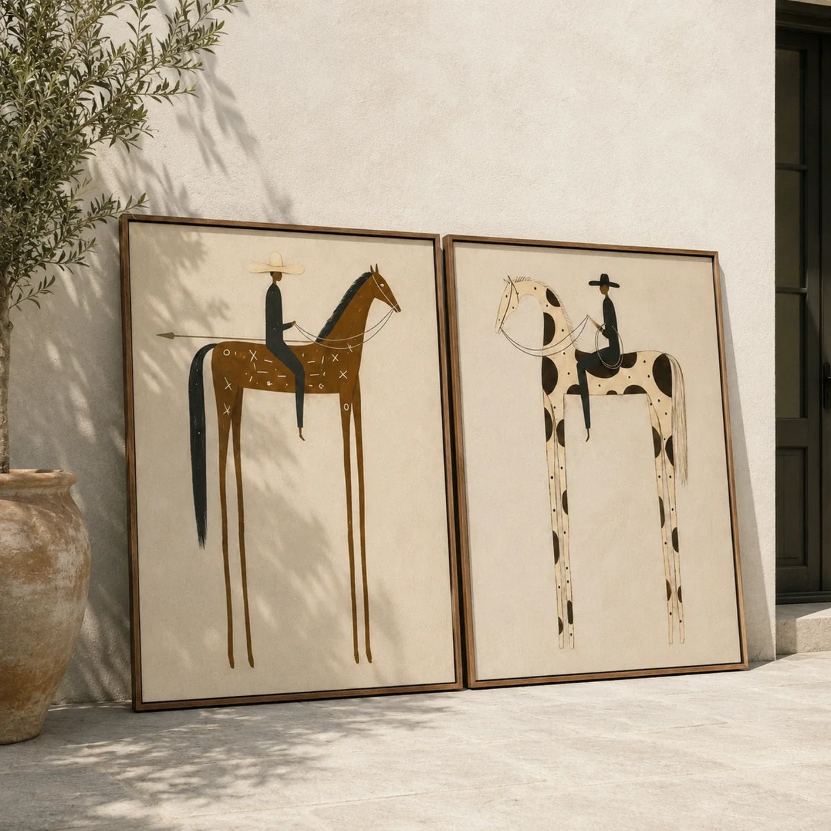 Tall Reins in Balance – Black Horse Rider Diptych | Minimalist Western Vertical Wall Art
