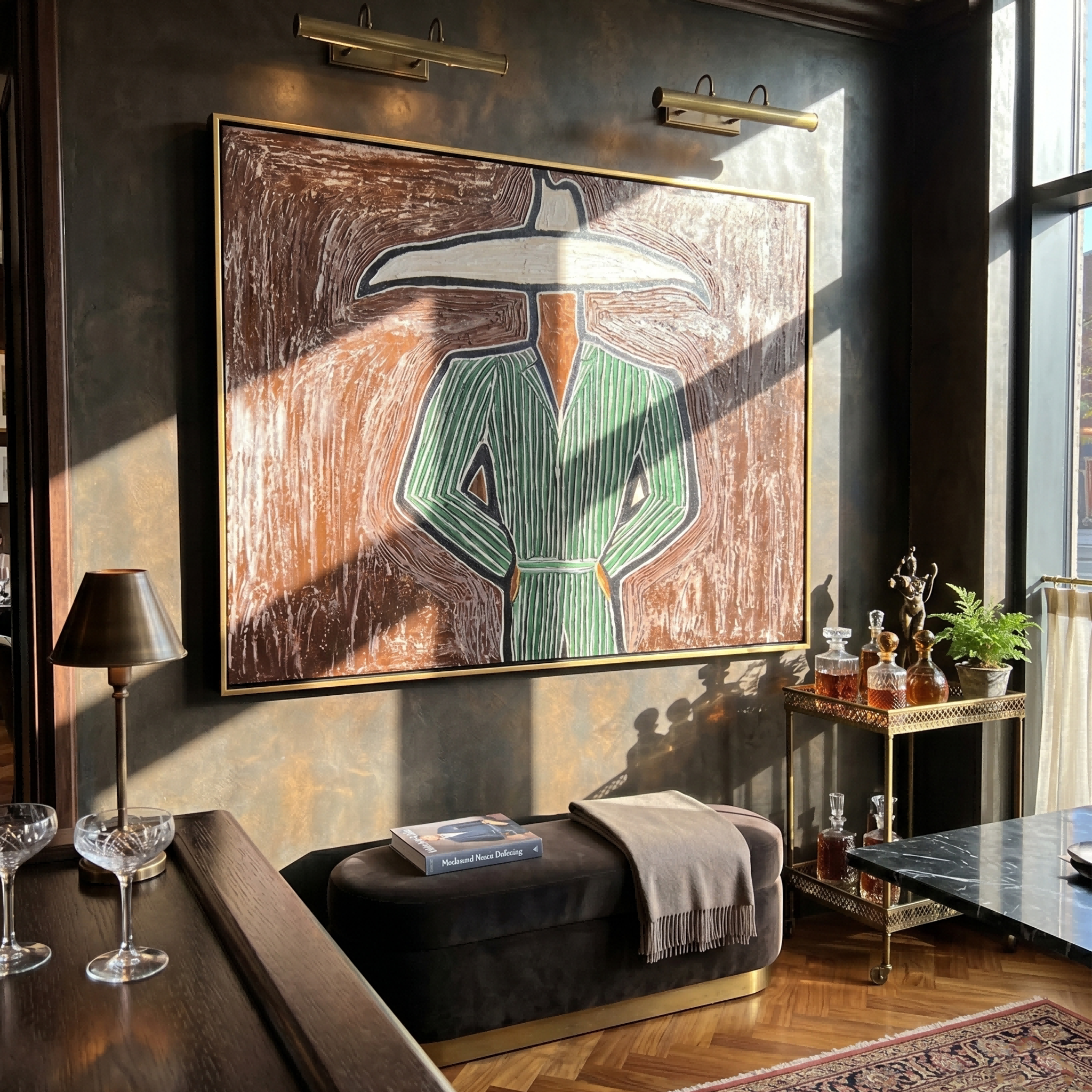 The Wild Domain – Modern Emerald Green Striped Cowboy Painting | Rustic Avant-Garde Hallway Art