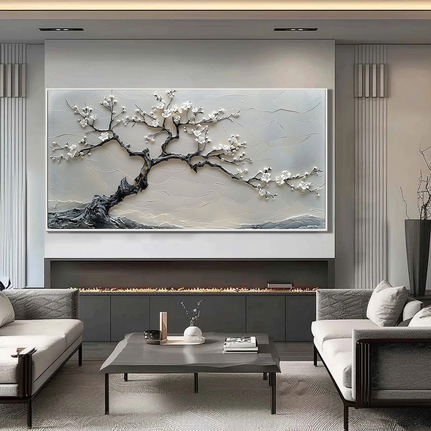 Winter Blossom – Luxury High-Relief Stark Black and White Painting | Panoramic Botanical Living Room Art