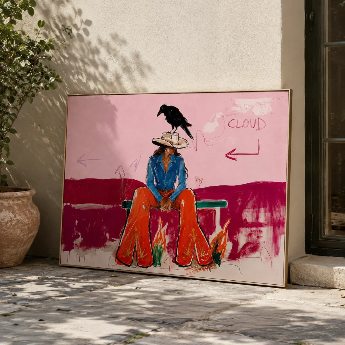 Cowgirl Waits Below Clouds – Pop Art Seated Cowgirl Painting | Pink Horizontal Western Wall Art