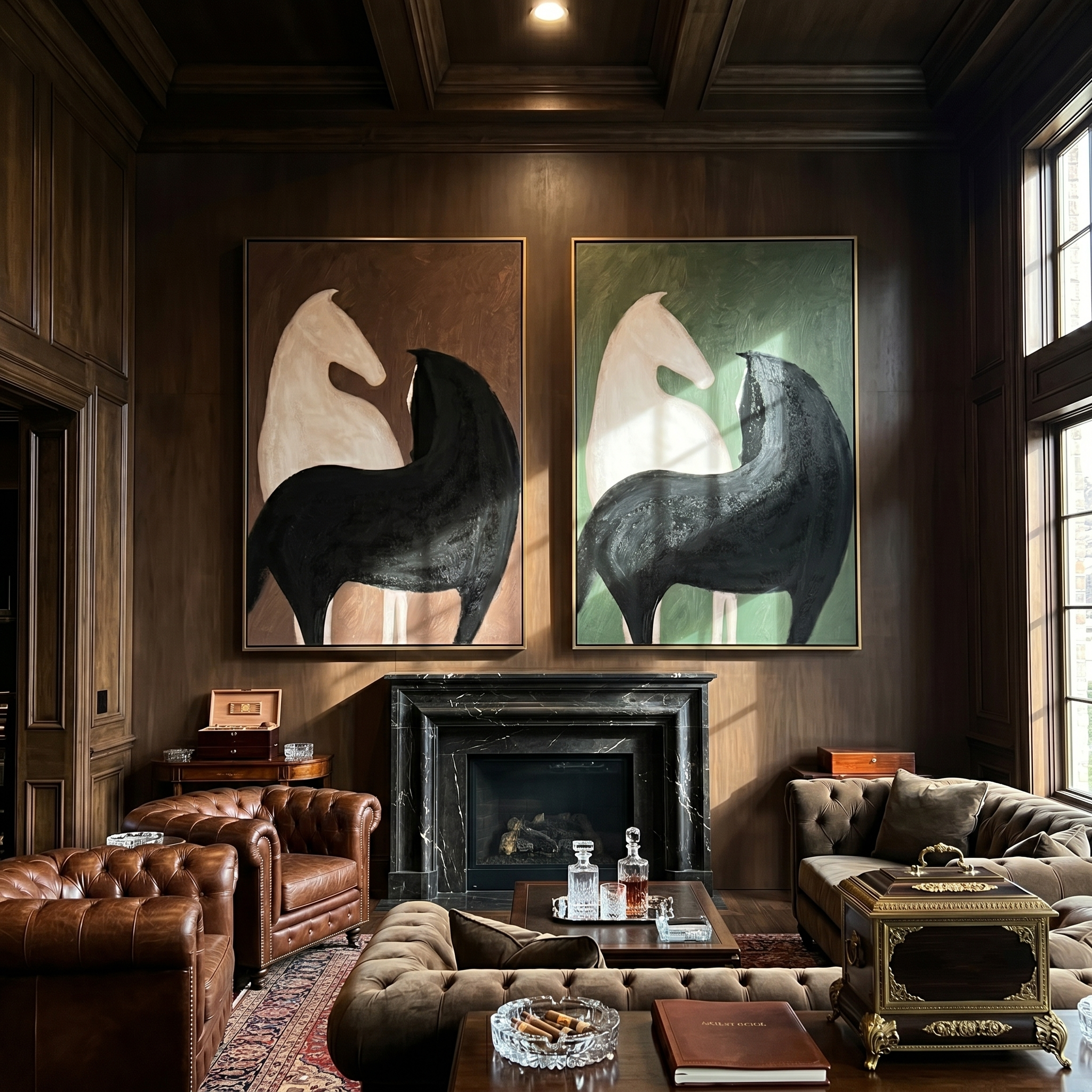 Duality Diptych – Vintage Americana Black & White Horse Two-Panel Painting | Contemporary Modern Living Room Art
