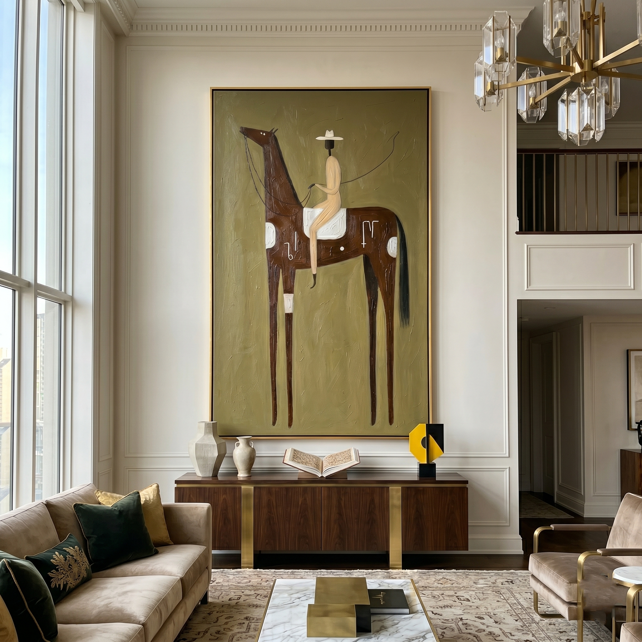 High Plains Rider – Vintage Americana Primitive Elongated Horse & Cowboy Painting | Rustic Folk Modern Living Room Art