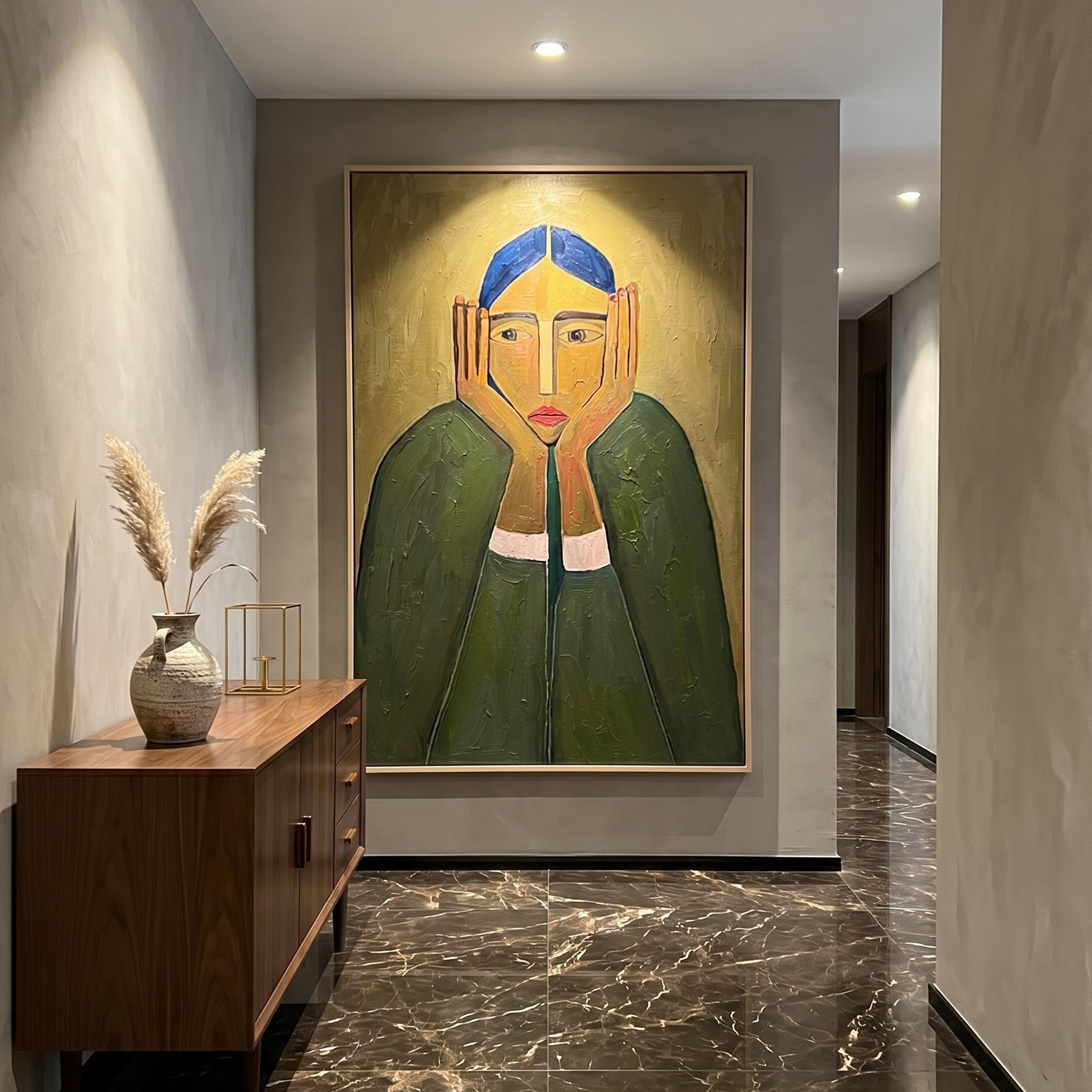 The Silent Gaze – Modern Expressionist Figure Painting | Wabi-Sabi Minimalist Entryway Wall Art