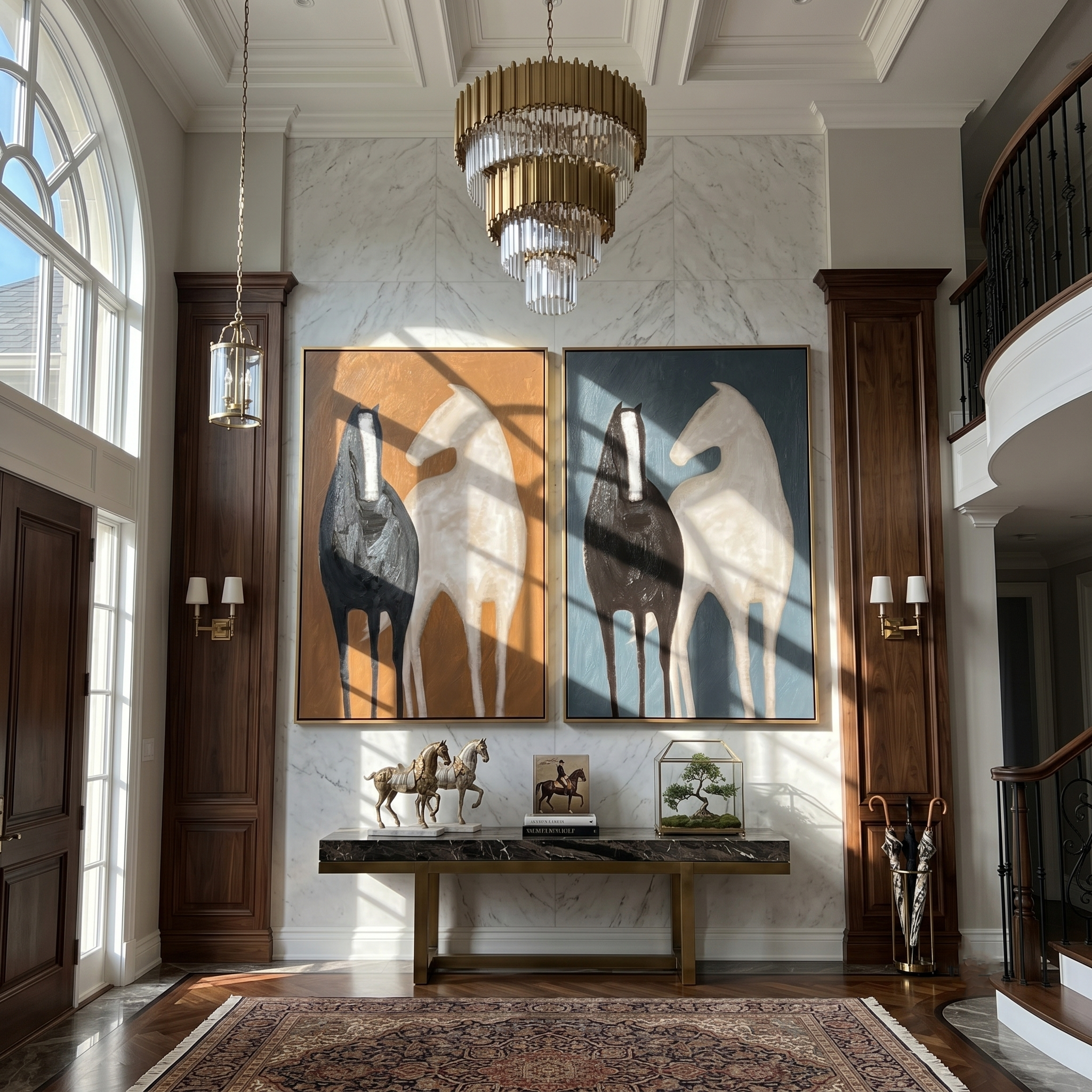 Two Grounds Diptych – Vintage Americana Black & Cream Horse Two-Panel Painting | Modern Luxury Living Room Art