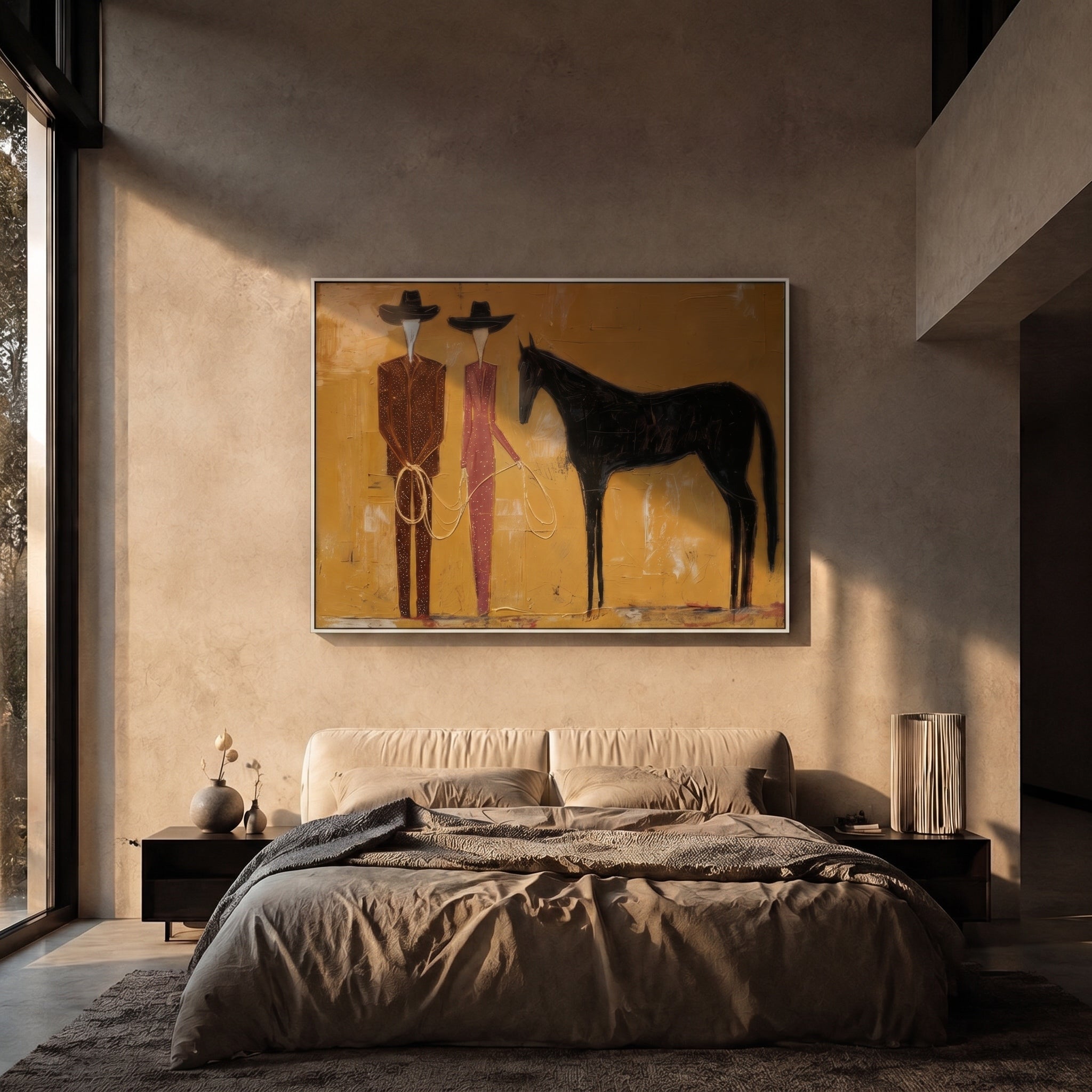 Whispers of the Wild – Avant-Garde Faceless Figures & Horse Textured Painting | Minimalist Luxury Living Room Art