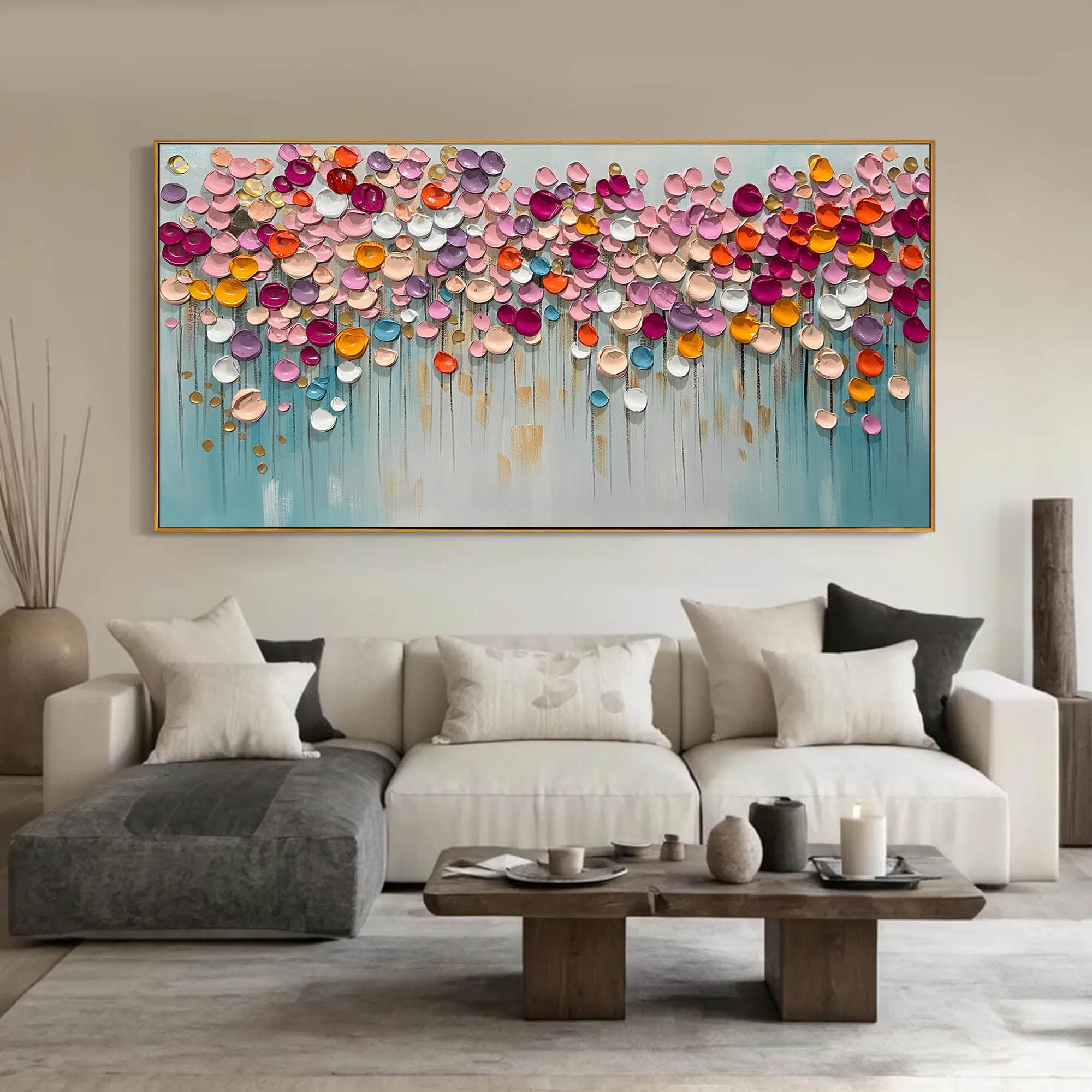 Candy Bloom – Vibrant Mosaic Petal Relief Floral Painting | Vibrant Botanical Living Room & Dining Room Art