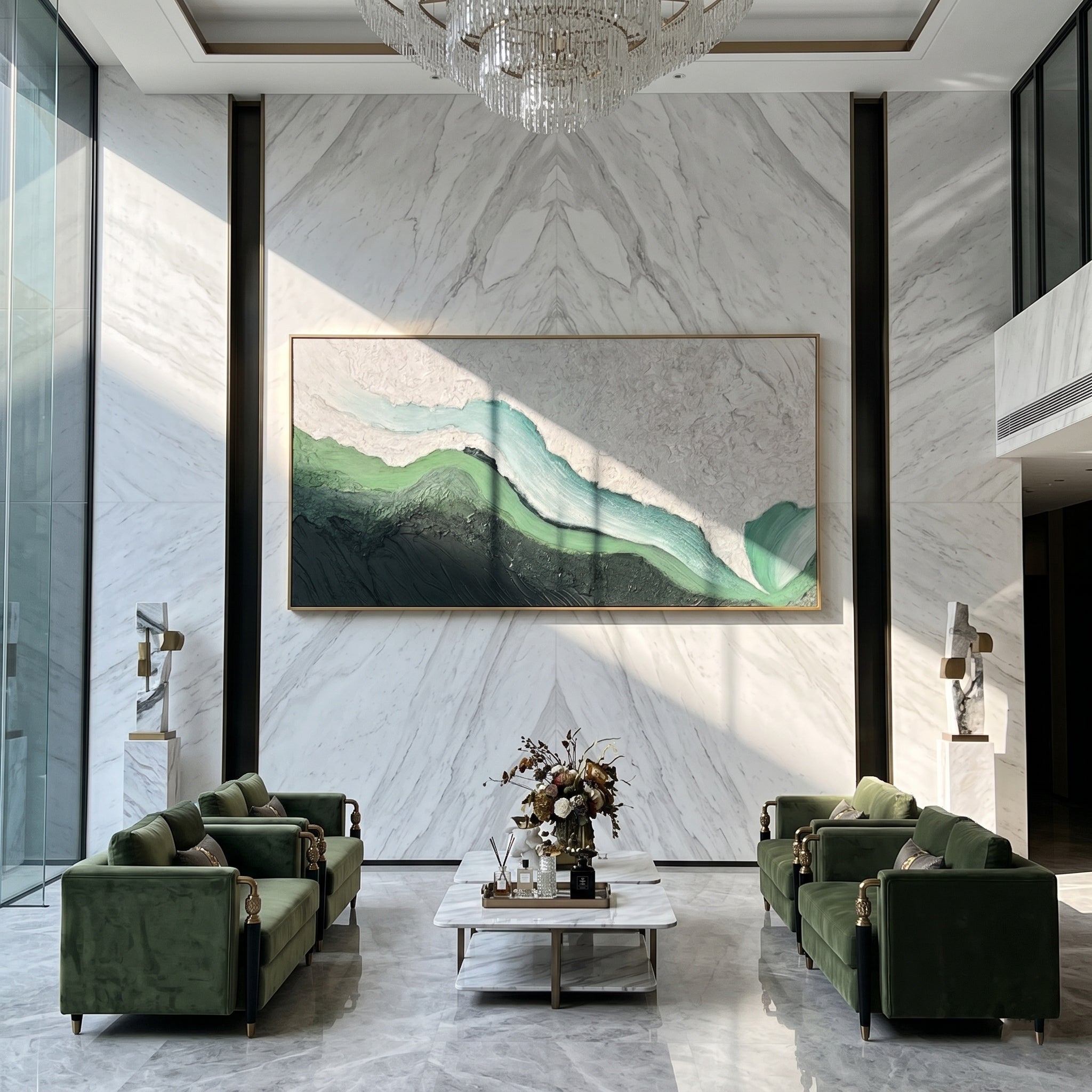 Mossy Earth – Panoramic Heavy Texture Green Abstract Painting | Wabi-sabi Nature Inspired Living Room Art