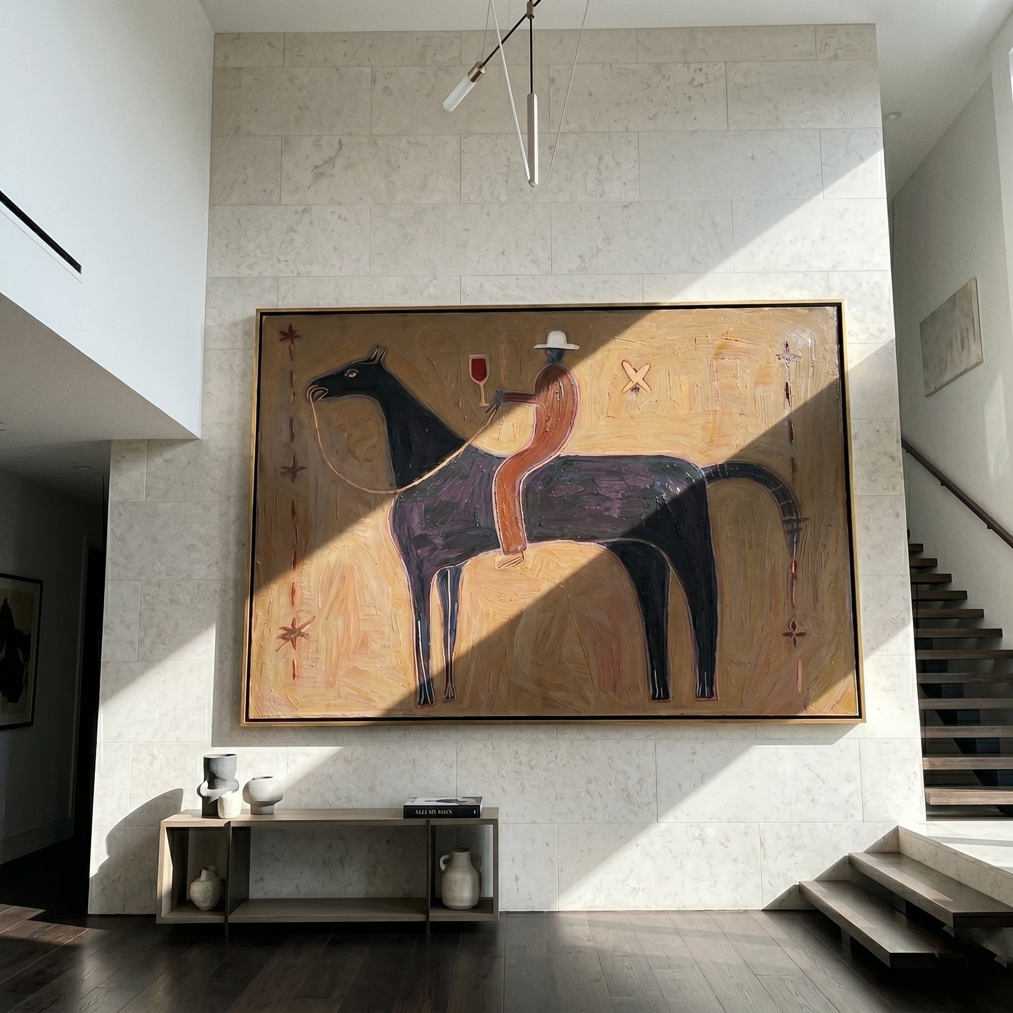 The Midnight Toast – Primitivism Cowboy & Horse Painting | Rustic Modernist Living Room Art