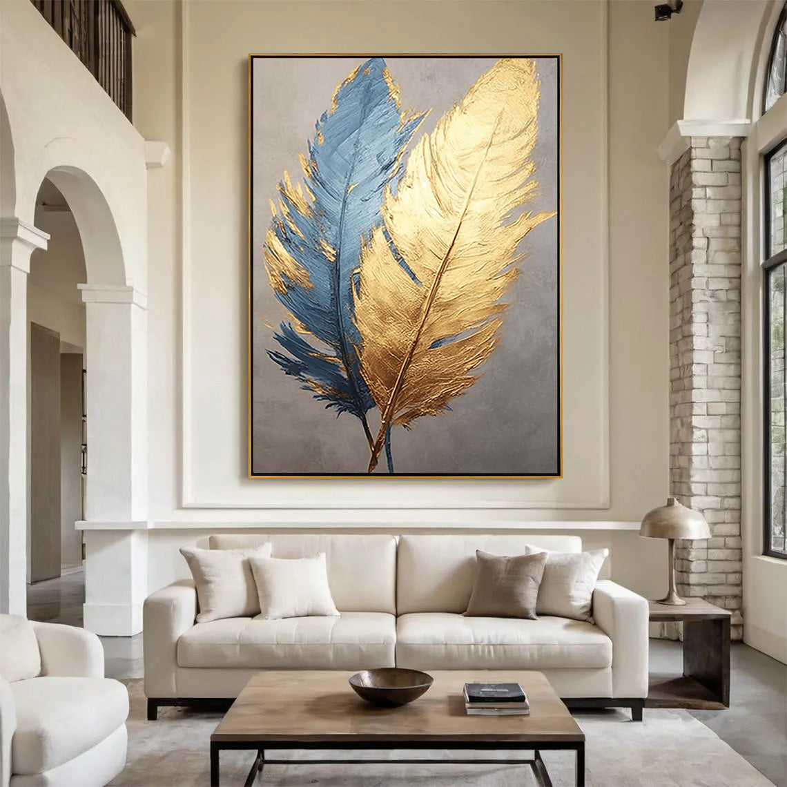 Golden Plume – Hand-Painted Navy Blue and Gold Foil Feather Abstract Painting | Modern Abstract Living Room & Office Art