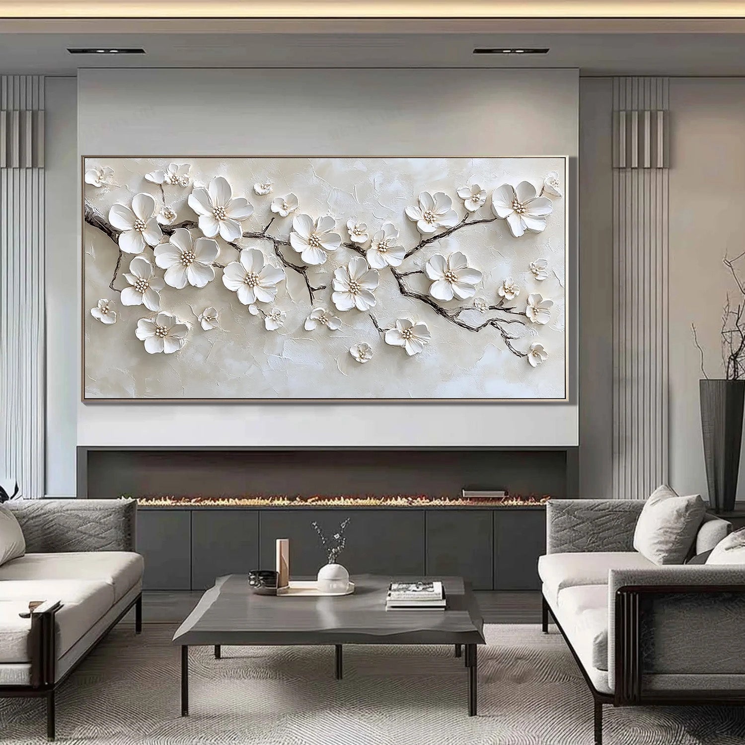 Serene Blossoms – Modern Luxury Creamy Beige Blossom Tree Painting |Horizontal Textured Dining Room Art