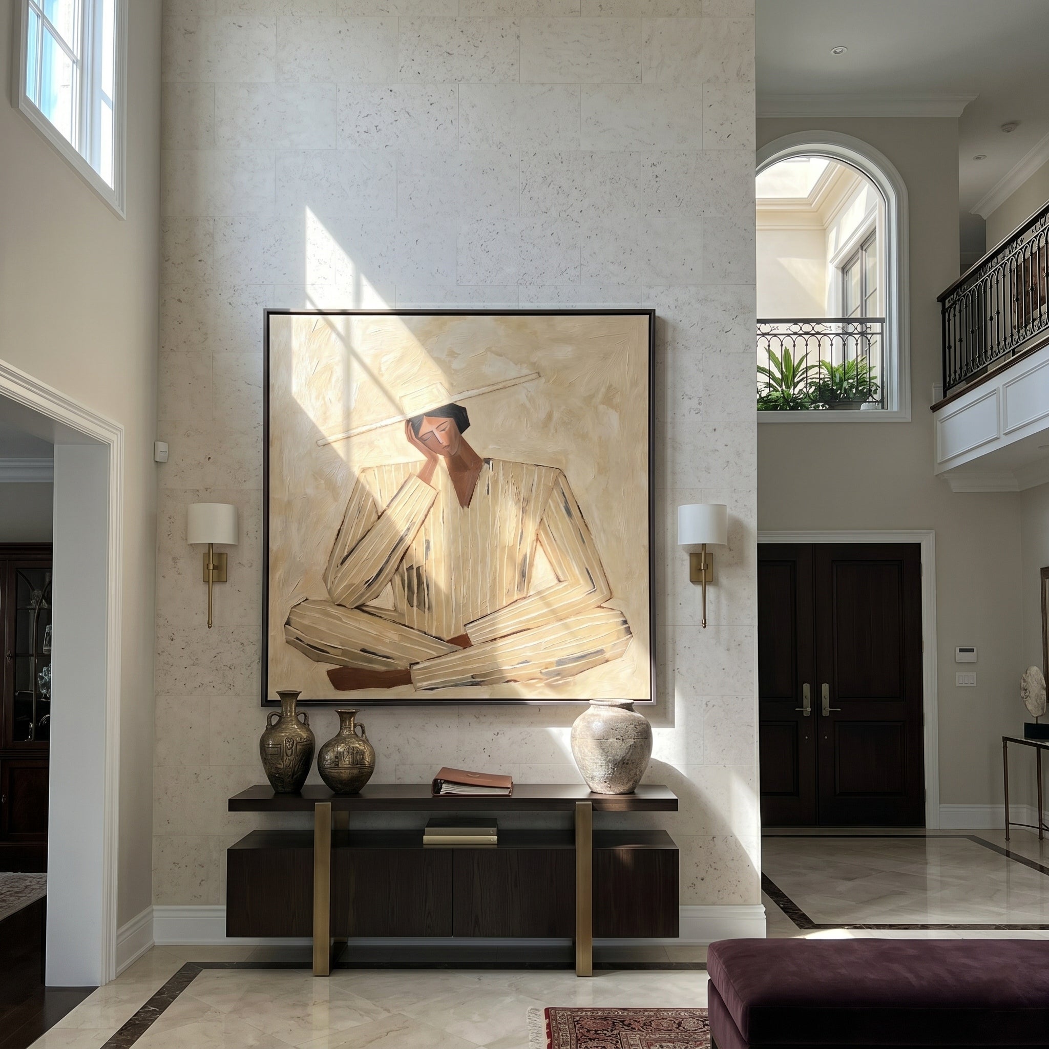 The Desert Meditative – Wabi-Sabi Heavy Textured Thinking Figure Painting | Minimalist Square Hallway Art