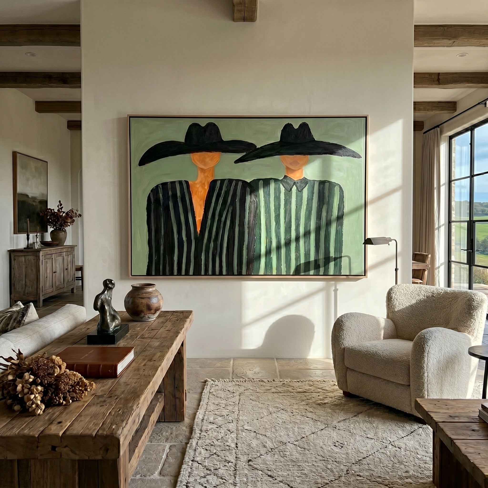 The Sage Echo – Modernist Sage Green Striped Figures Painting | Minimalist High-End Entryway Art