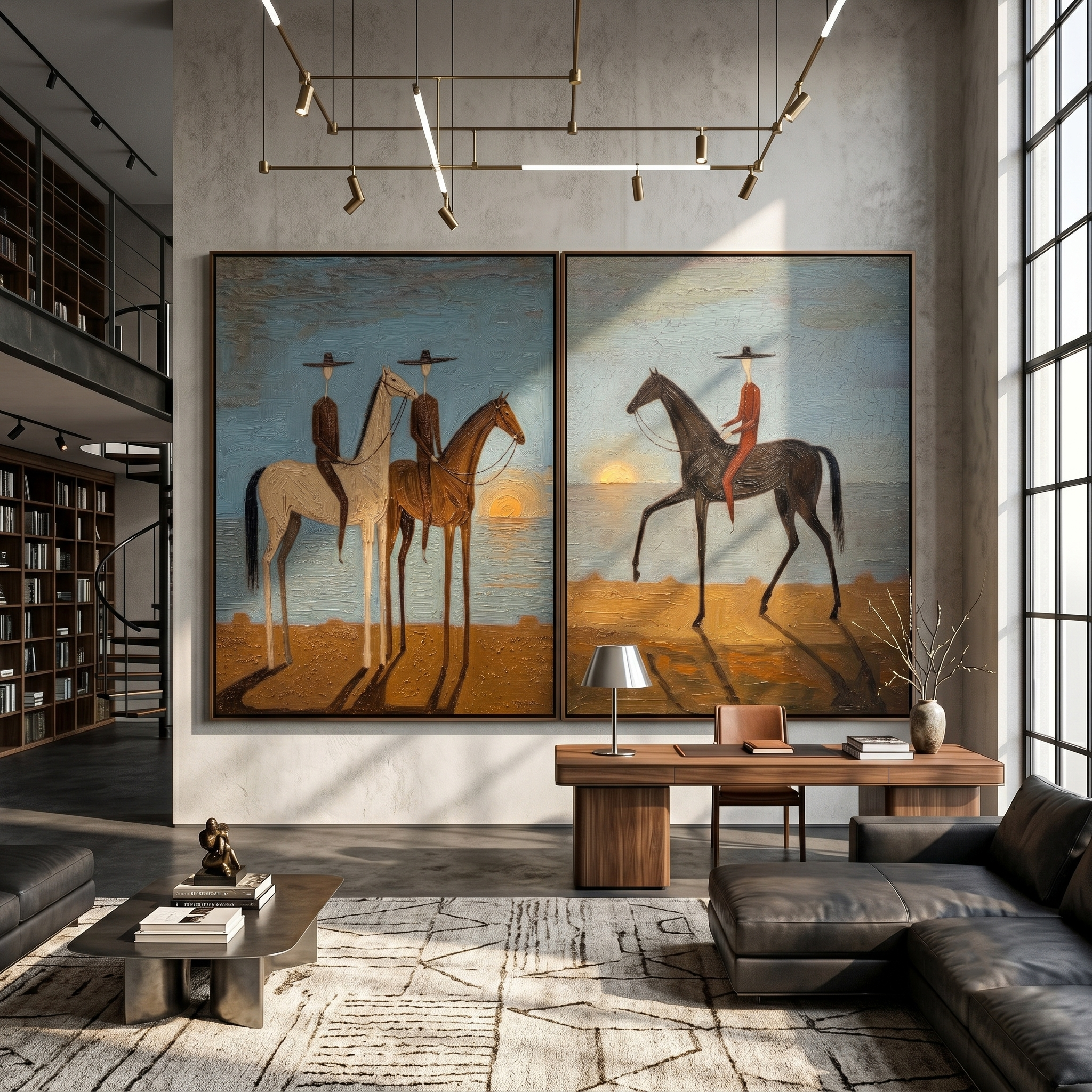 Dusk Riders Diptych – Vintage Americana Cowboys at Sunset Two-Panel Painting | Atmospheric Western Living Room Art