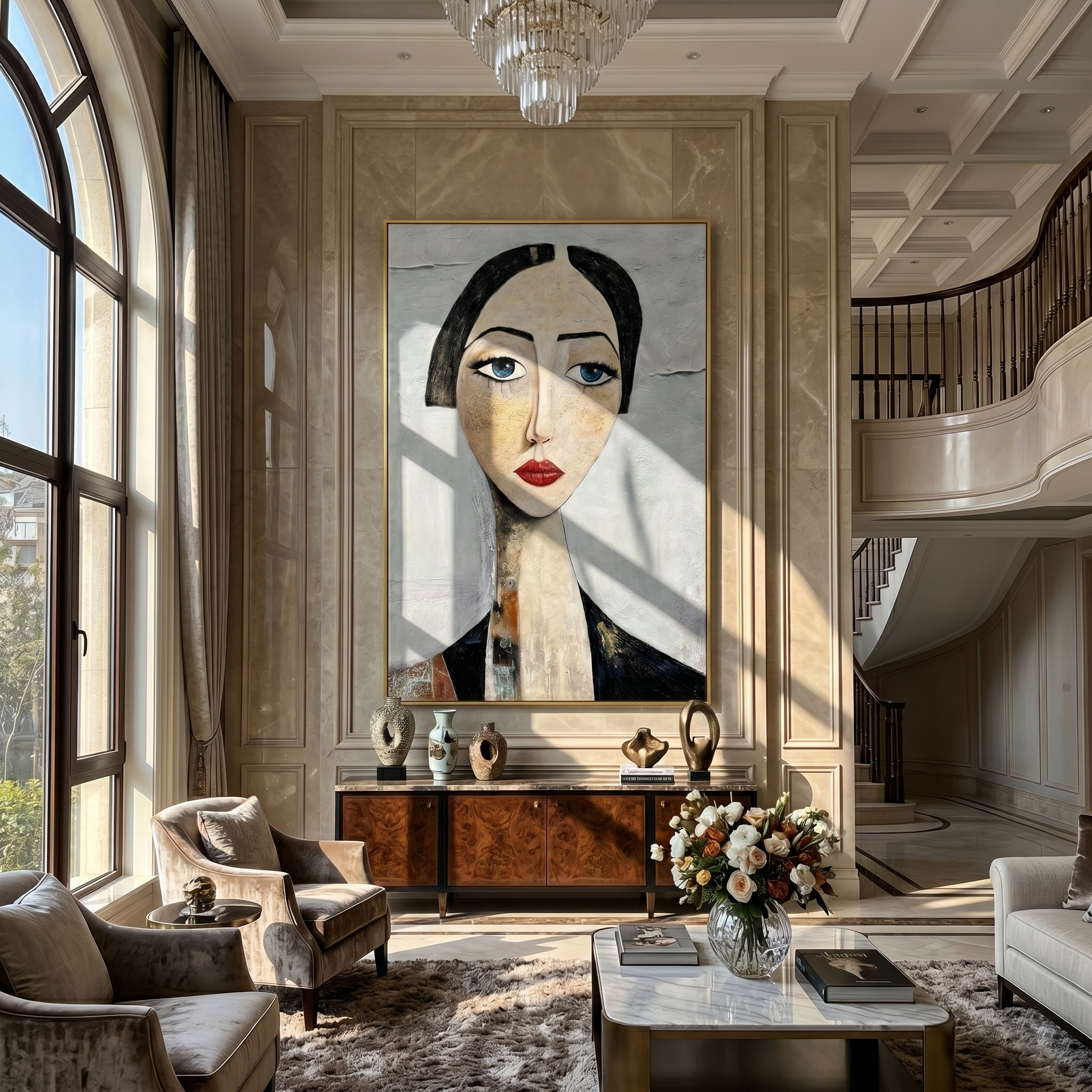 The Sapphire Gaze – Expressionist Modigliani-Style Woman Portrait Painting | Retro Minimalist Living Hallway Art