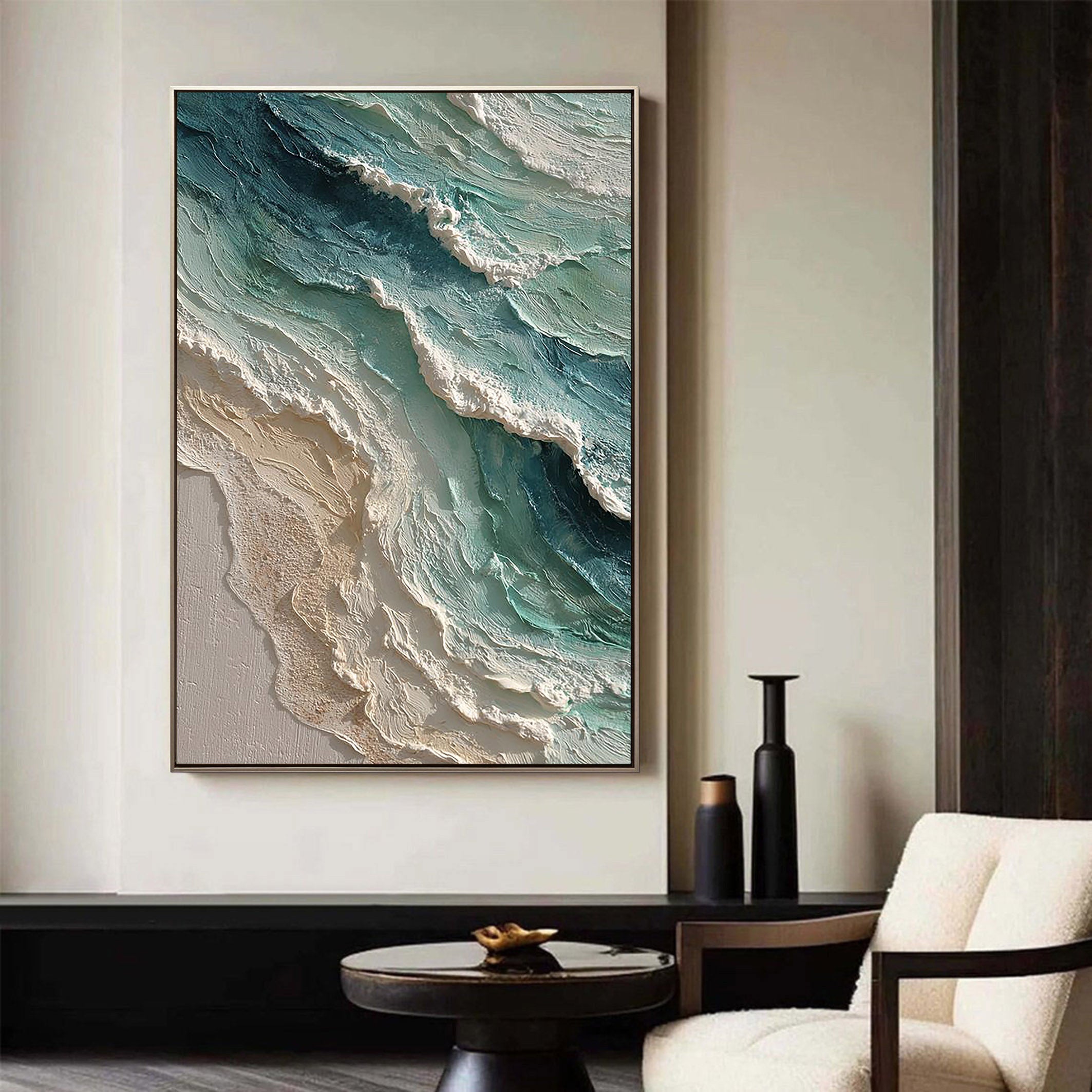 Aqua Surge – 3D Heavy Texture Coastal Seascape Hand-Painted Ocean Painting | Coastal Modern Living Room & Bedroom Art