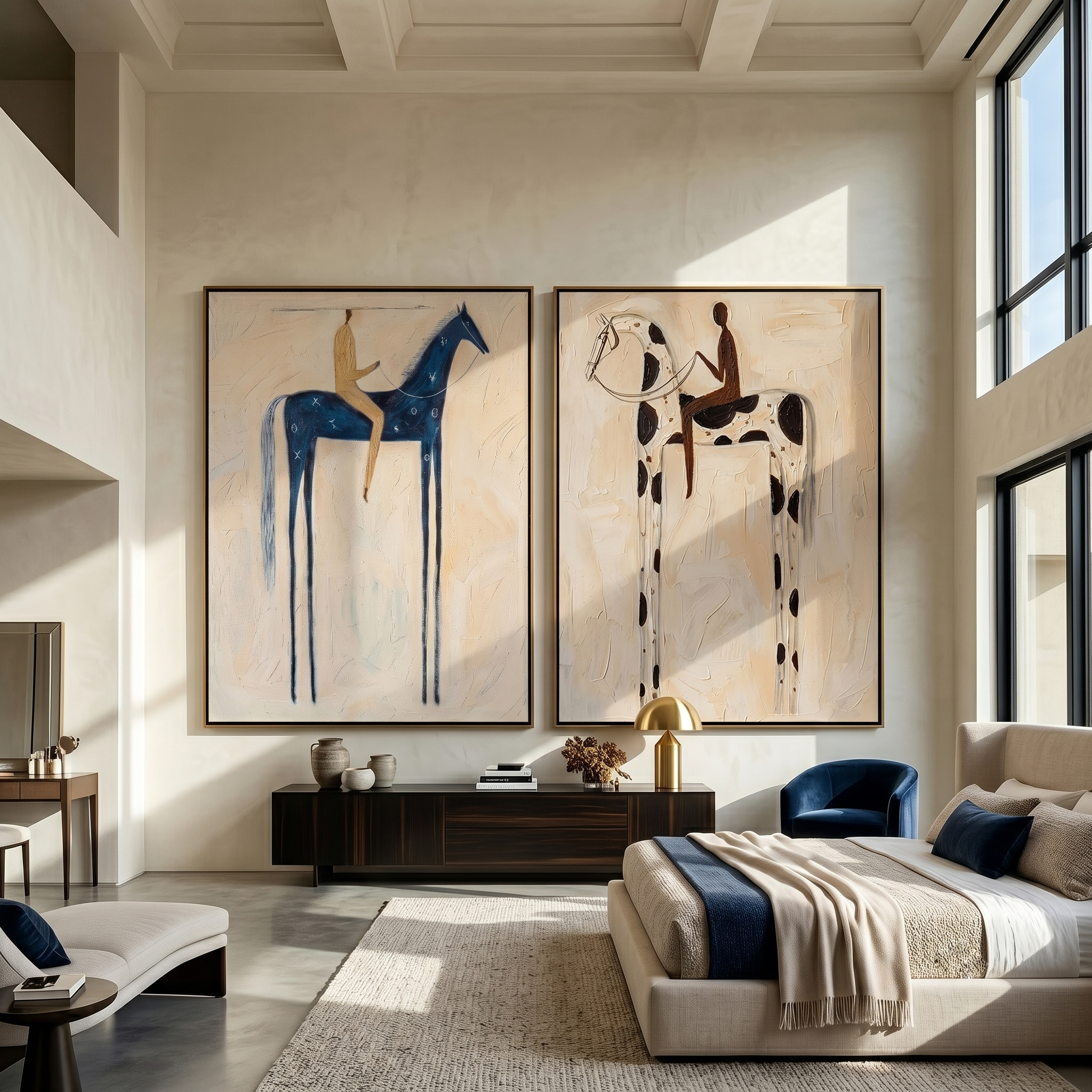 Blue & Spot Diptych – Vintage Americana Two Folk Riders Two-Panel Painting | Wabi-Sabi Living Room Art