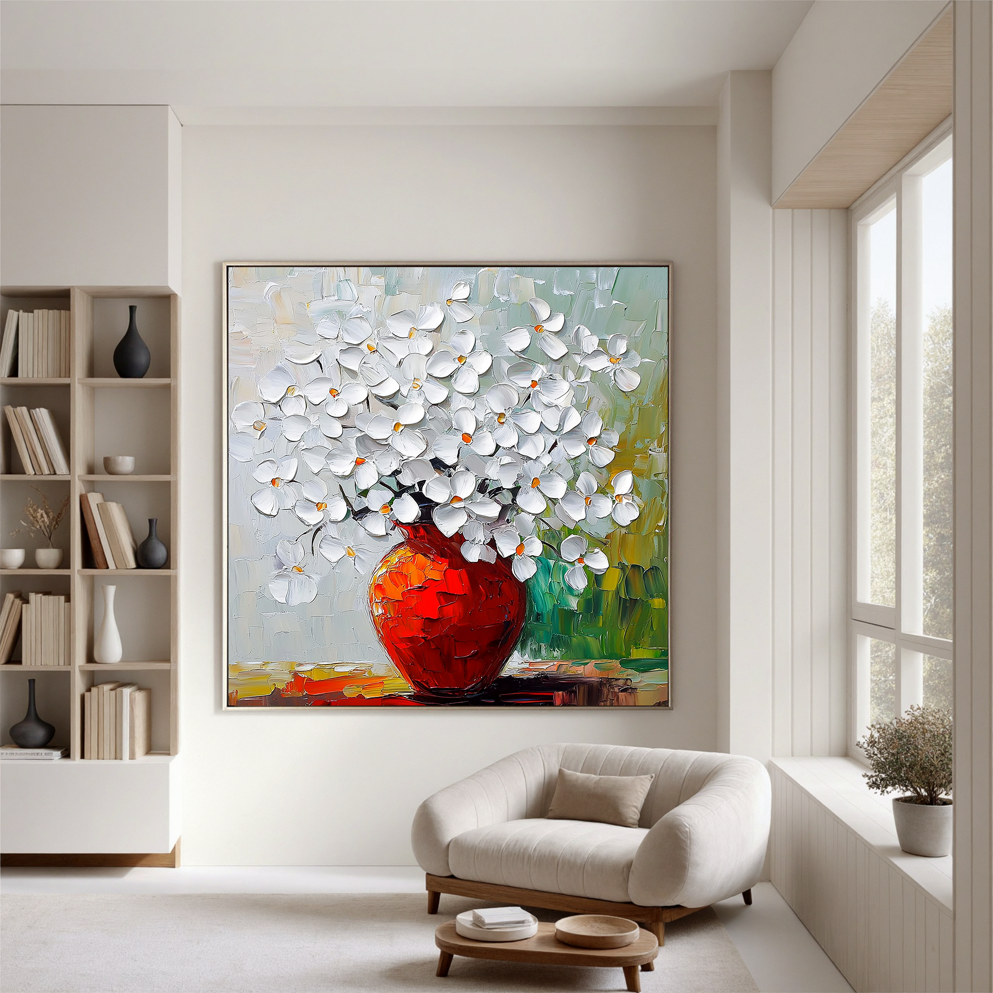 Blossoms in Vermilion – Modern Textured White Floral Painting | Luxury Red Vase Expressionist Hallway Art