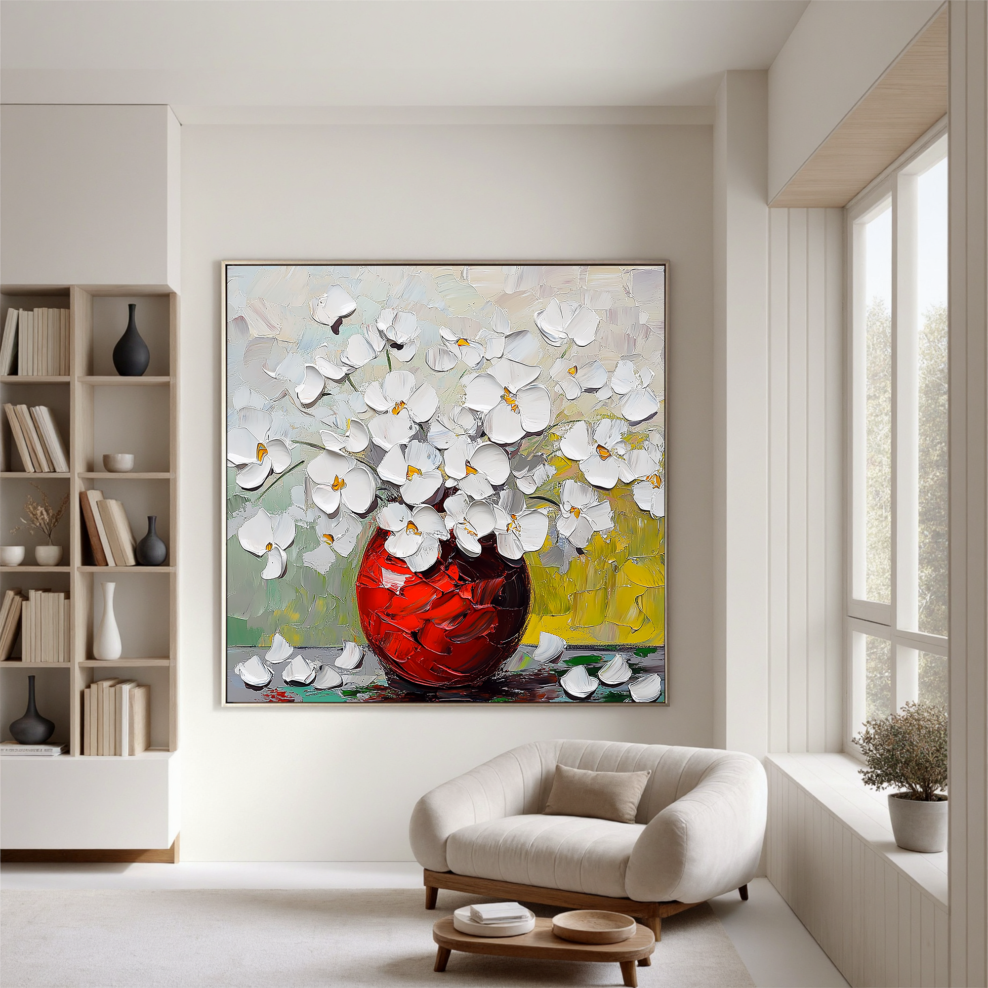 Crimson Radiance – Modern Textured White Floral Painting | Luxury Red Vase Impressionist Hallway Art