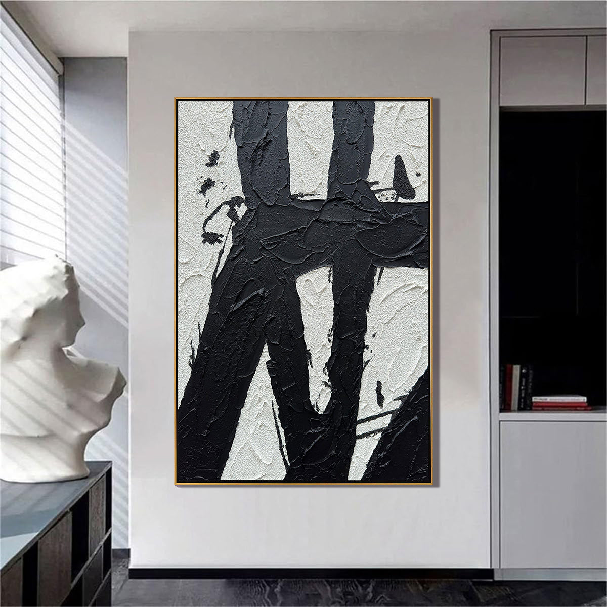 Onyx Stroke – 3D Heavy Texture Black & White Relief Minimalist Painting | Bold Minimalist Bedroom & Home Office Art