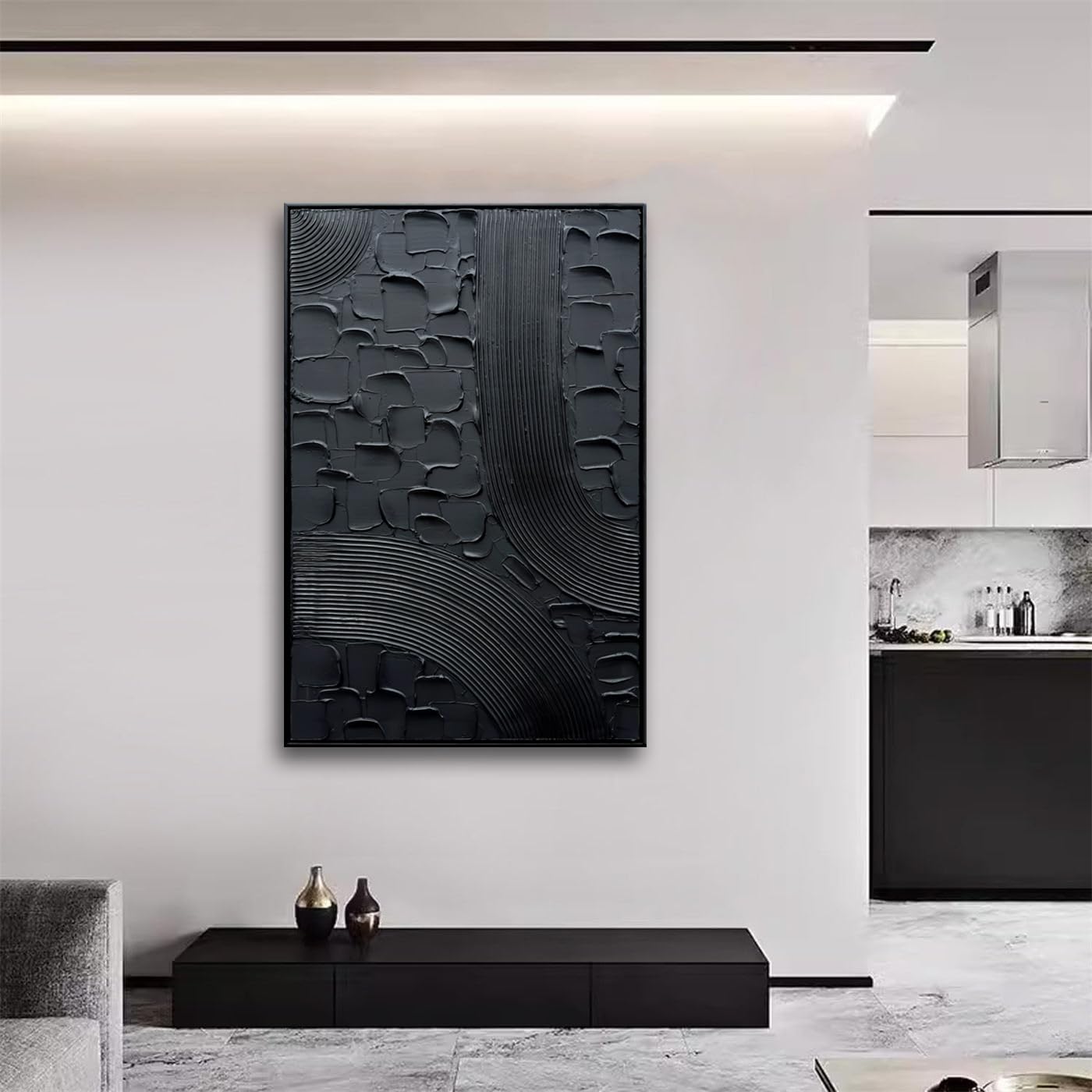 Midnight Mesh – Modern All-Black Plaster Relief Canvas Texture Painting | Modern Industrial Plaster Home Office & Living Room Art