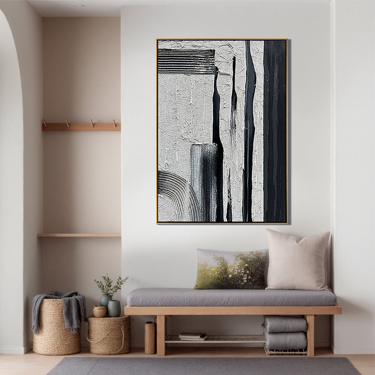 Urban Noir – Heavy Texture Industrial Abstract Painting | Wabi-sabi Plaster Style Hallway Decor Art