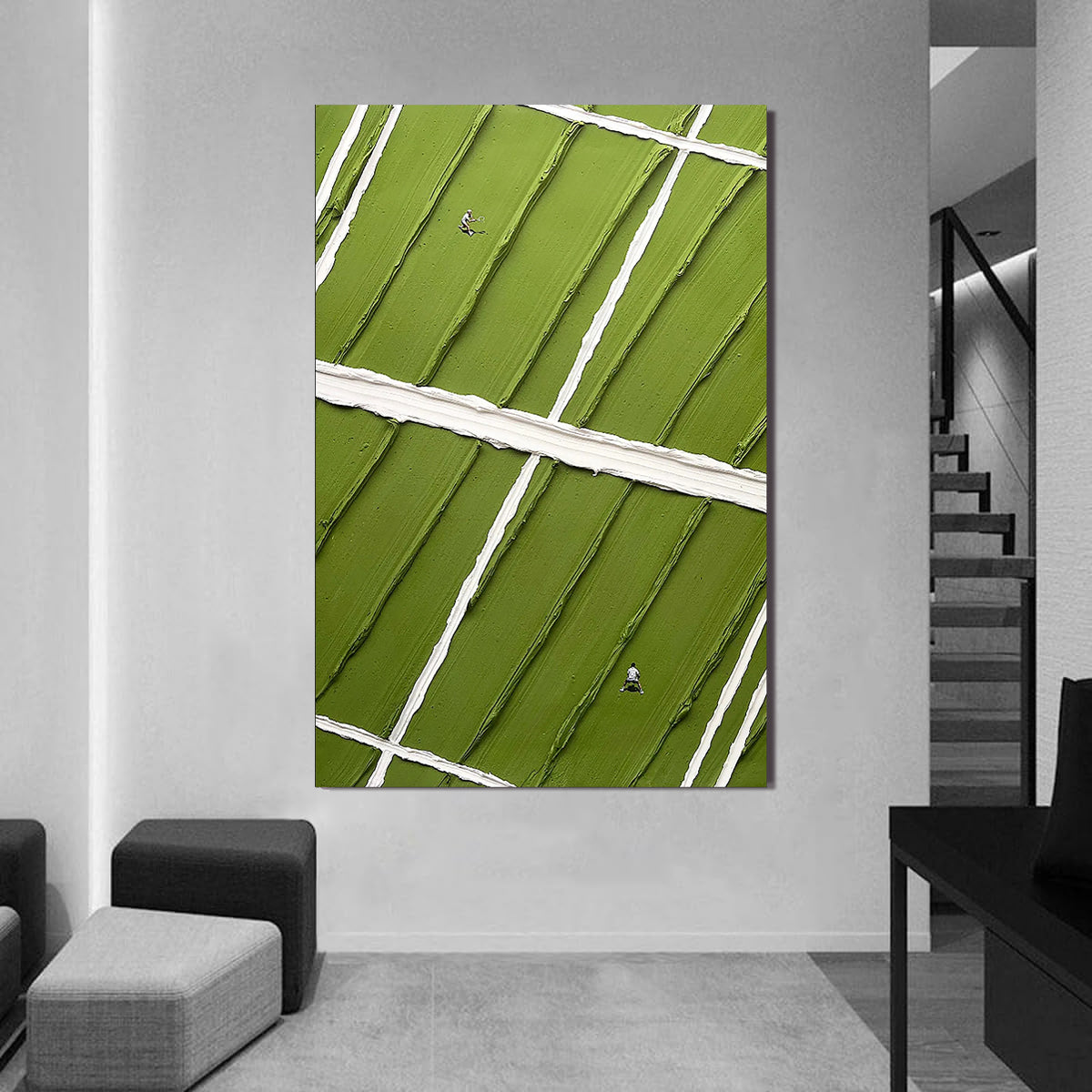 Match Point – Hand-Painted Green Tennis Court Minimalist Athletes Sport Painting | Contemporary Sport Home Office & Living Room Art