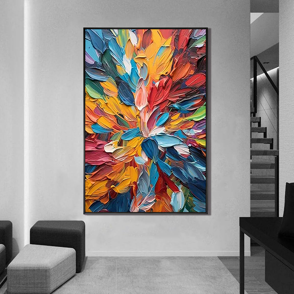 Chroma Burst – Hand-Painted Vibrant Rainbow Palette Knife 3D Floral Painting | Vibrant Botanical Living Room & Dining Room Art