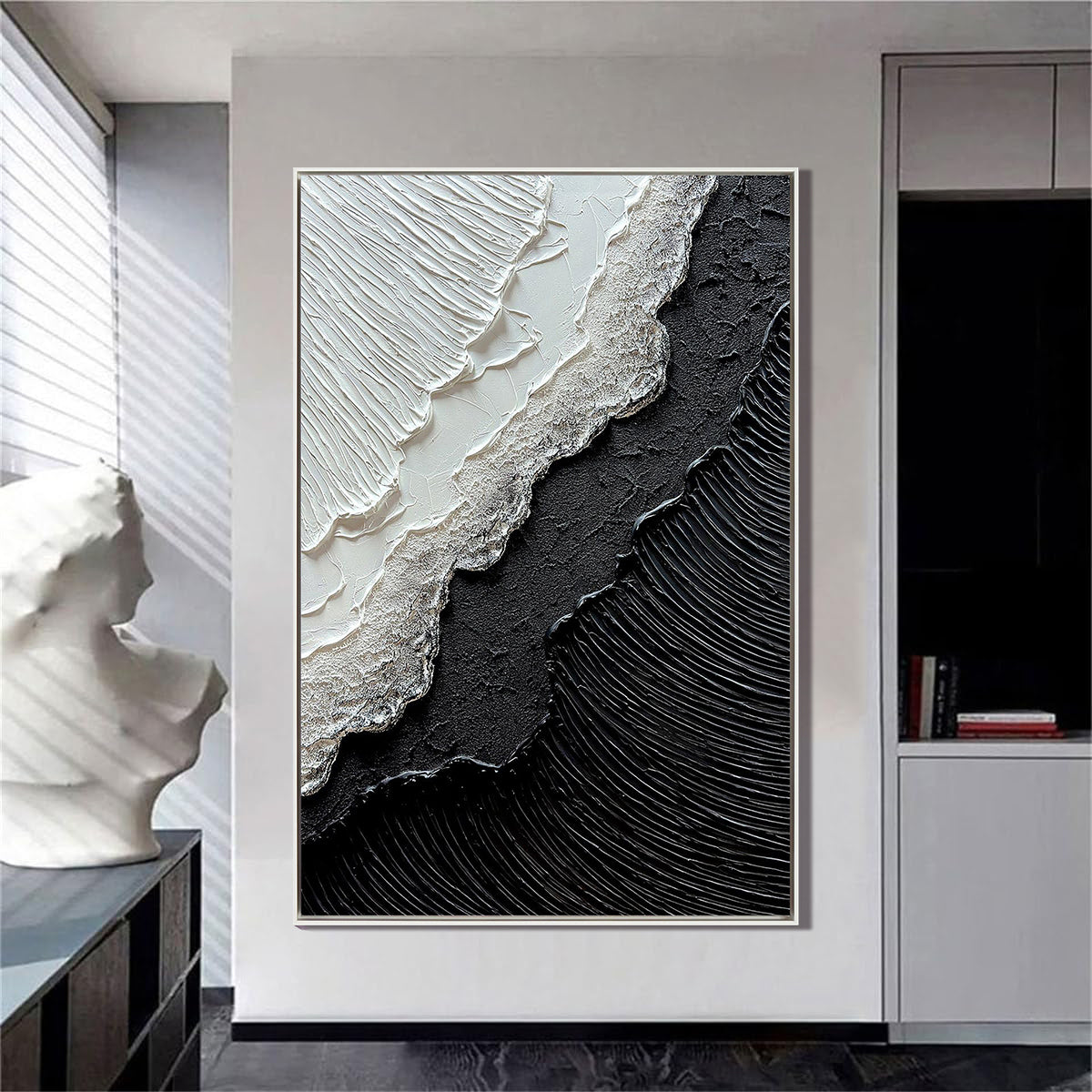 Onyx Split – Modern Black & White Plaster Relief Abstract Painting | Industrial Abstract Home Office & Living Room Art