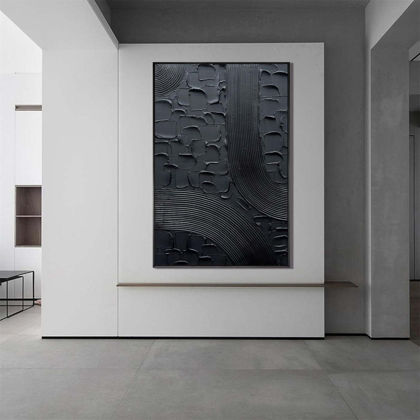 Midnight Mesh – Modern All-Black Plaster Relief Canvas Texture Painting | Modern Industrial Plaster Home Office & Living Room Art