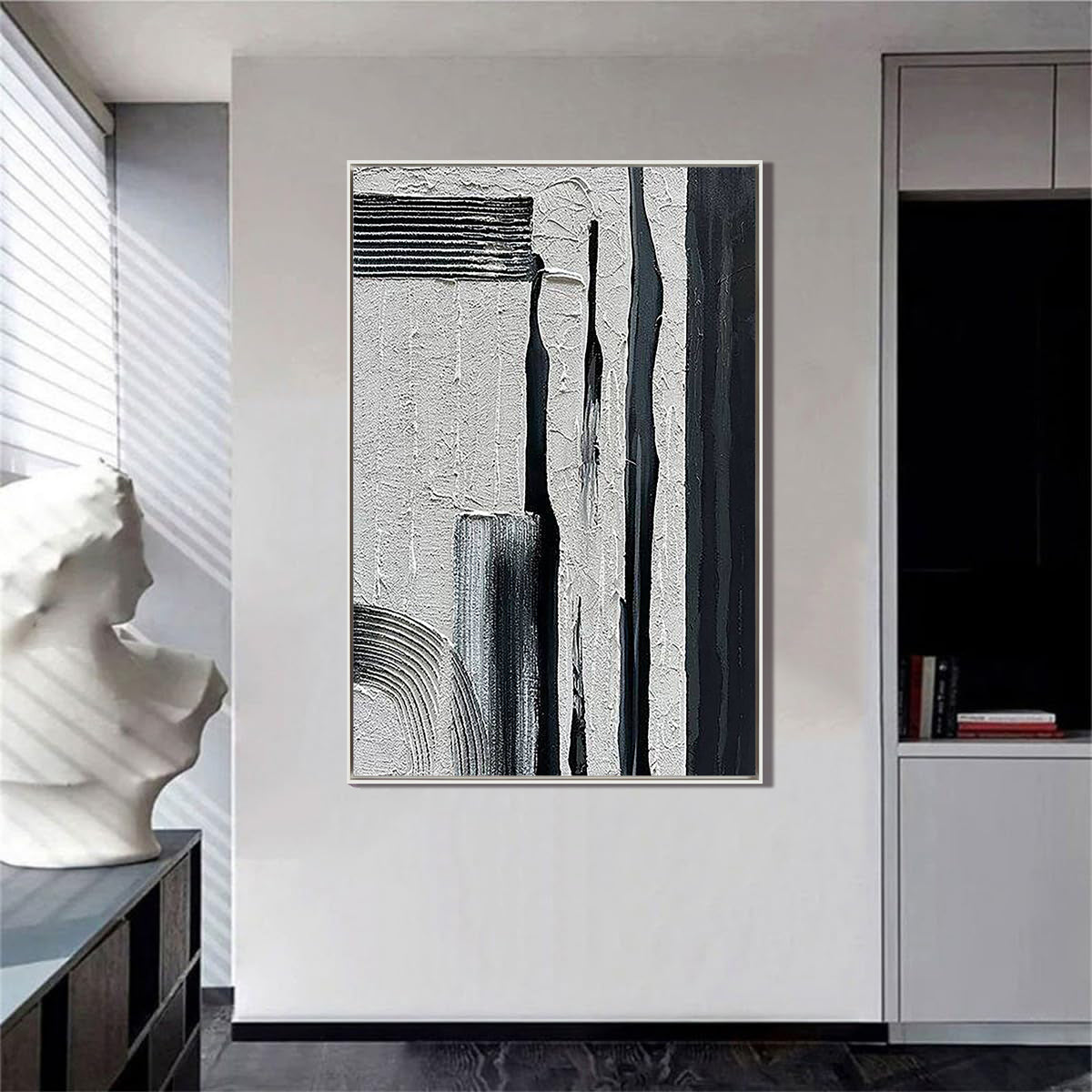 Urban Noir – Heavy Texture Industrial Abstract Painting | Wabi-sabi Plaster Style Hallway Decor Art