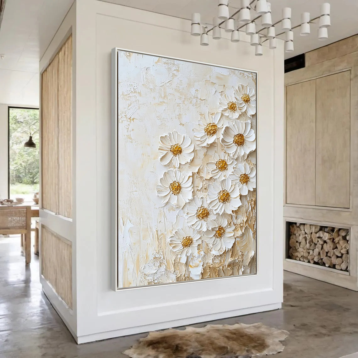 PURE ELEGANCE: 3D Floral Wall Art, Creamy White Plaster Effect Impasto Daisy Art Painting