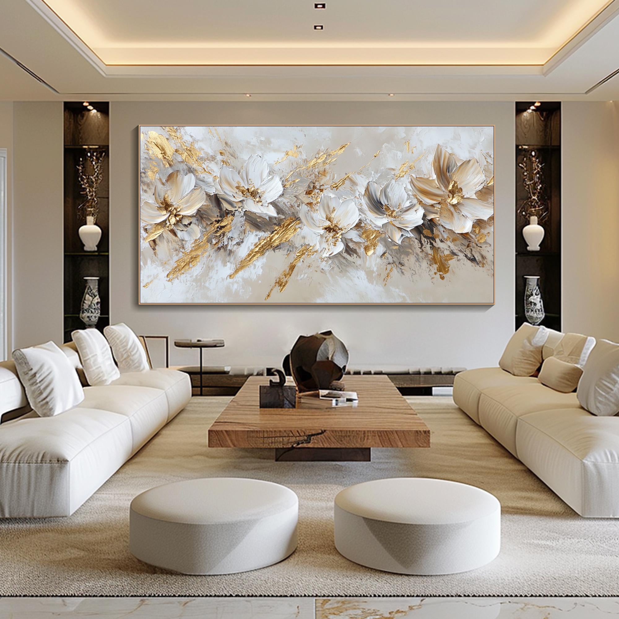 Divine Wings – Modern White & Gold Leaf Relief Floral Painting | Modern Luxury Botanical Bedroom & Living Room Art