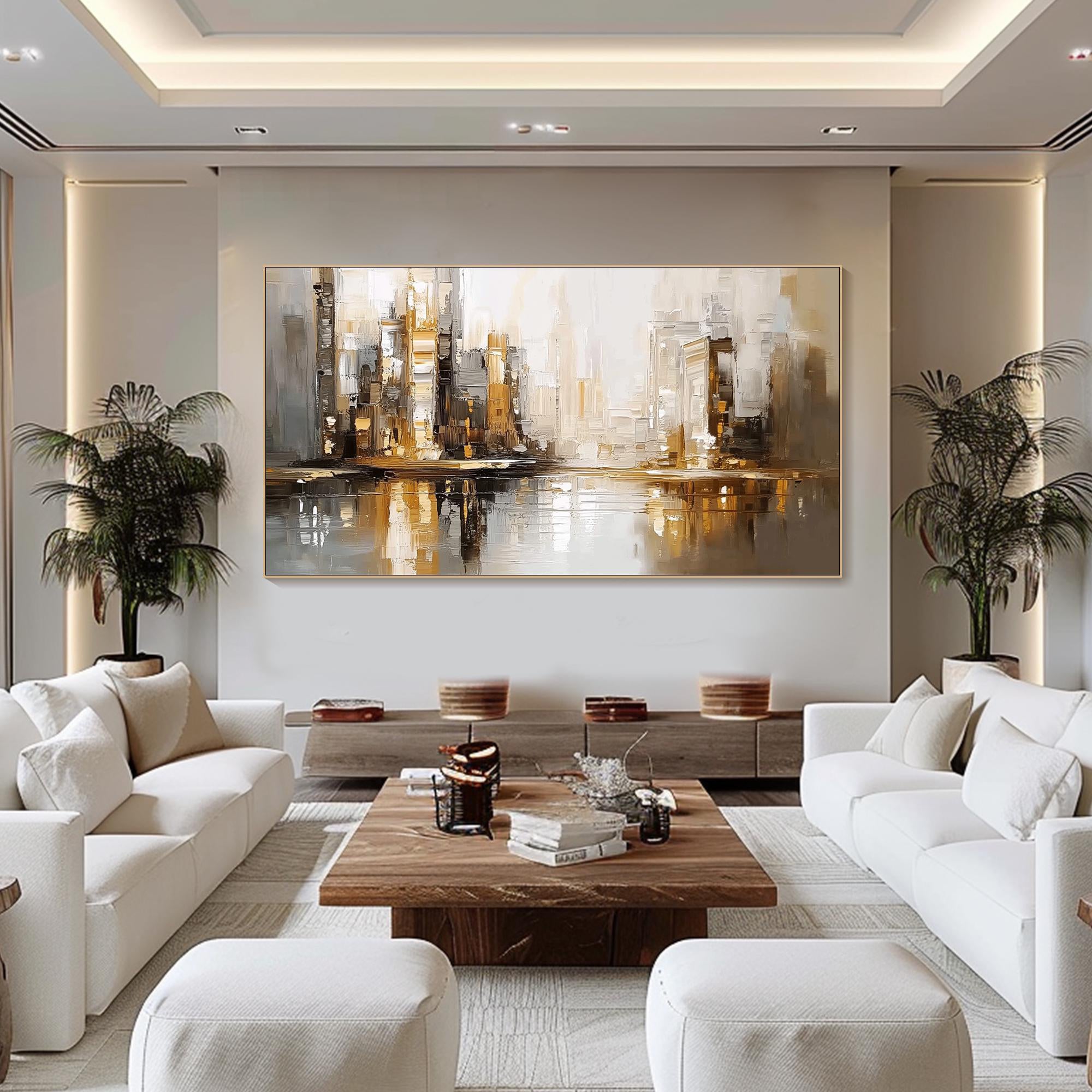 URBAN GOLD: Cityscape Wall Art, Hand-Painted Industrial Gold and Grey Skyline Palette Knife Heavy Texture Canvas Painting