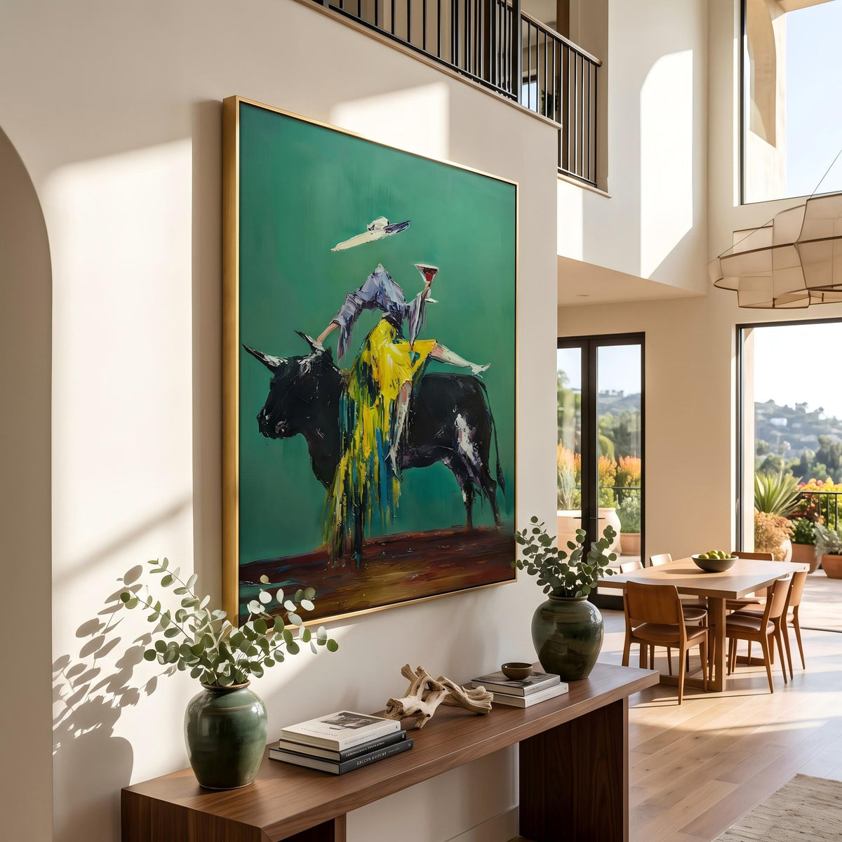 Emerald Bull Toast Society – Pop Art Bull and Western Figures Painting | Colorful Vertical Wall Art