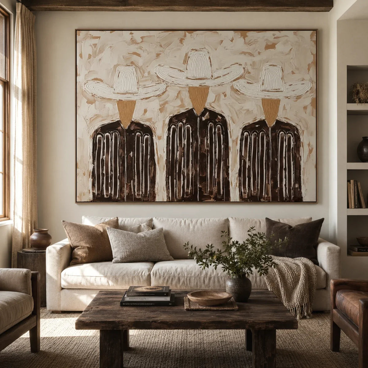 Three Hats in Linen – Textured Three Cowboy Painting | Neutral Horizontal Western Wall Art