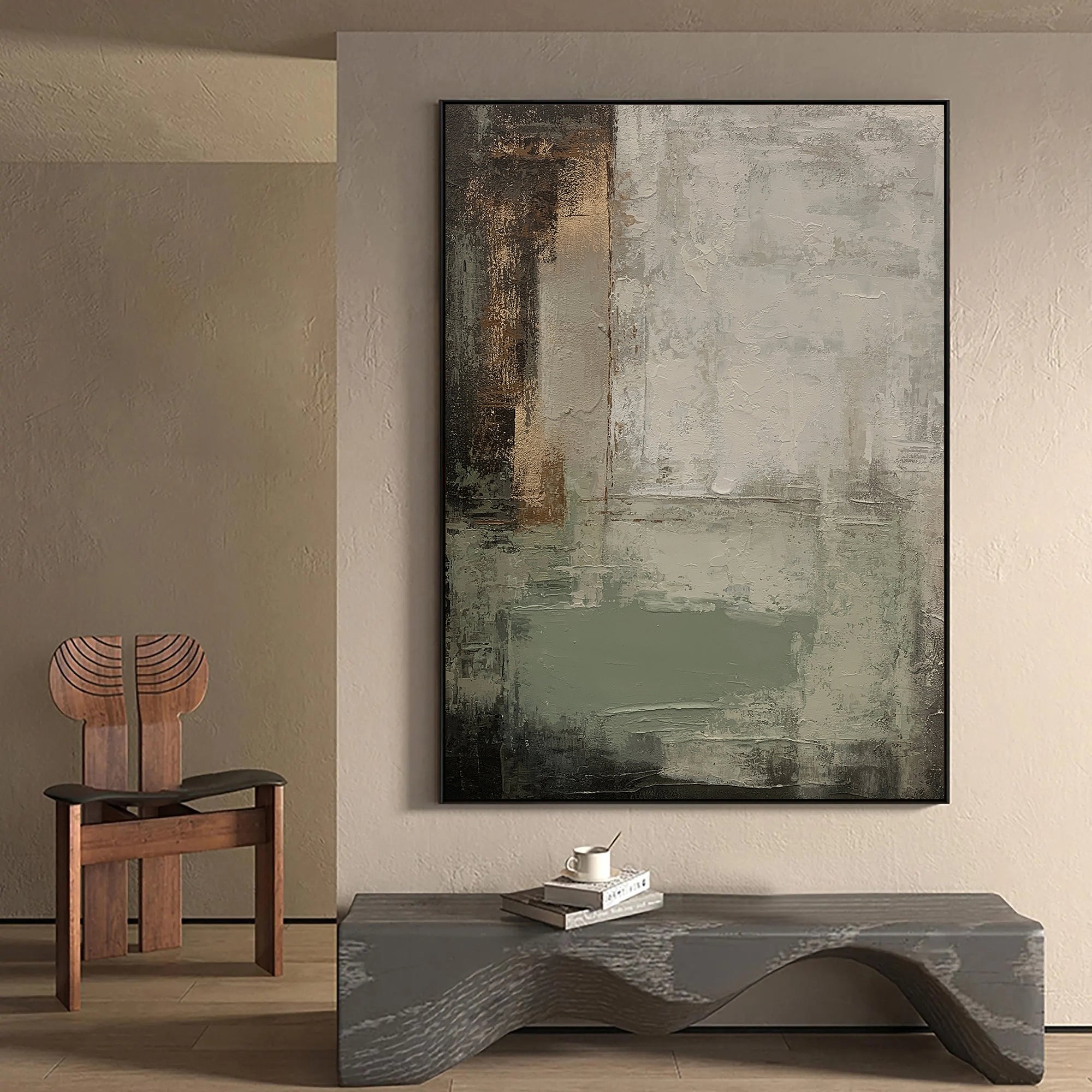 Olive Strata – Hand-Painted Military Green Distressed Plaster Effect Abstract Painting | Japandi Wabi-Sabi Living Room & Bedroom Art