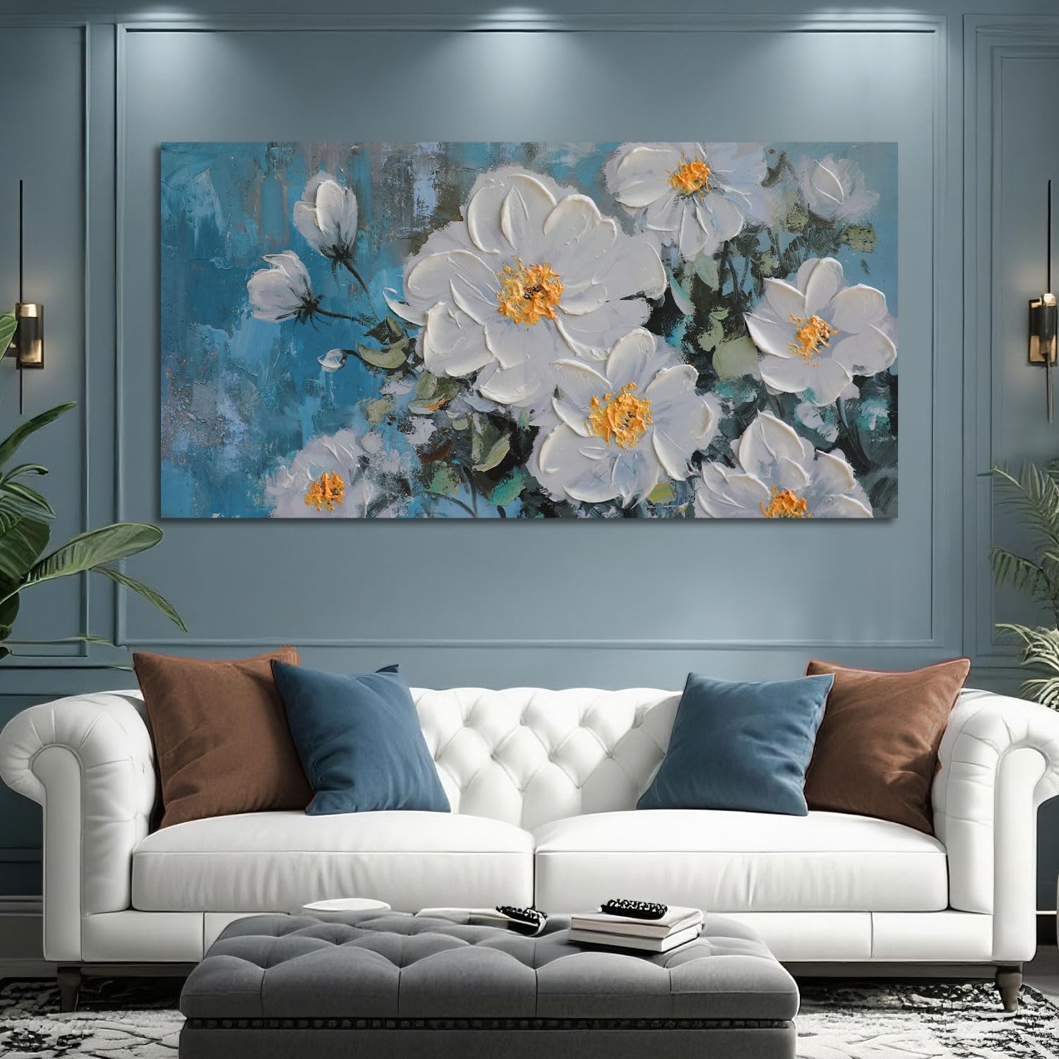 DEEP TEAL BLOOM: 3D Heavy Texture White Flower Wall Art, Luxury Blue Background Relief
