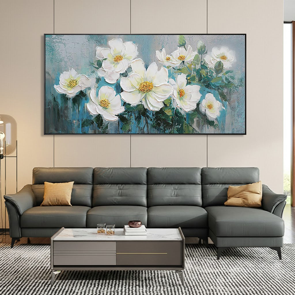 Aquamarine Bloom – Heavy Textured White Magnolia Painting | Elegant Teal & Gray Floral Bedroom Art