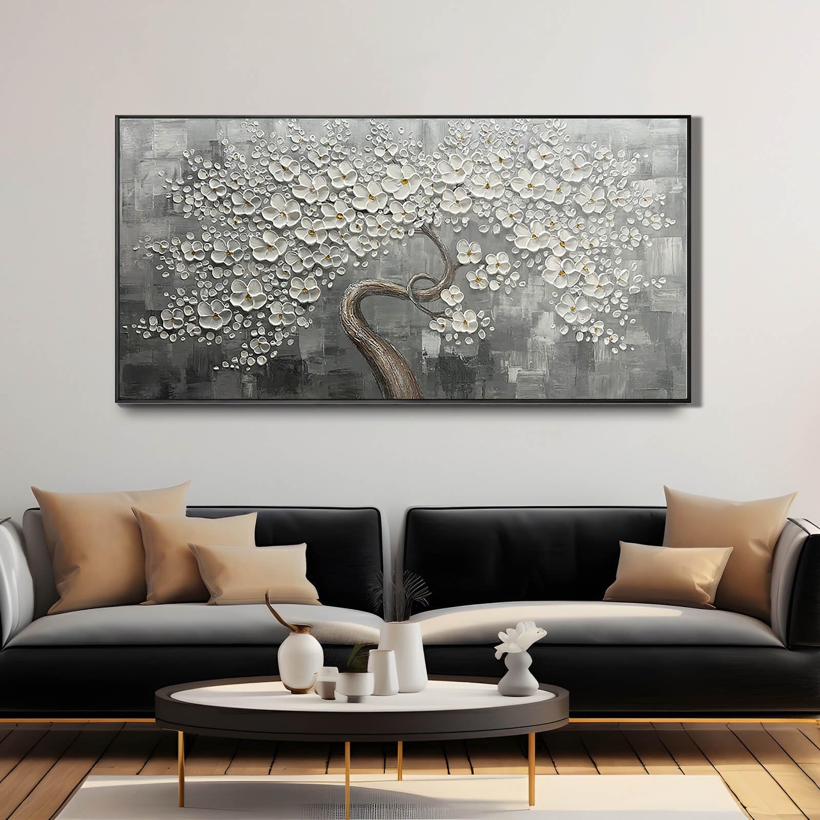 Silver Blossom – Hand-Painted White Tree 3D Relief Heavy Texture Plaster Floral Painting | Contemporary Botanical Bedroom & Living Room Art