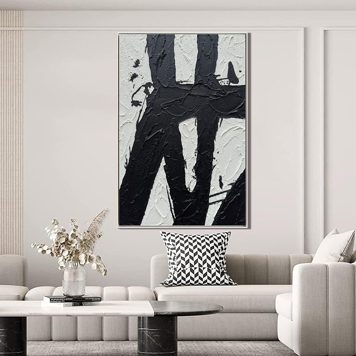 Onyx Stroke – 3D Heavy Texture Black & White Relief Minimalist Painting | Bold Minimalist Bedroom & Home Office Art