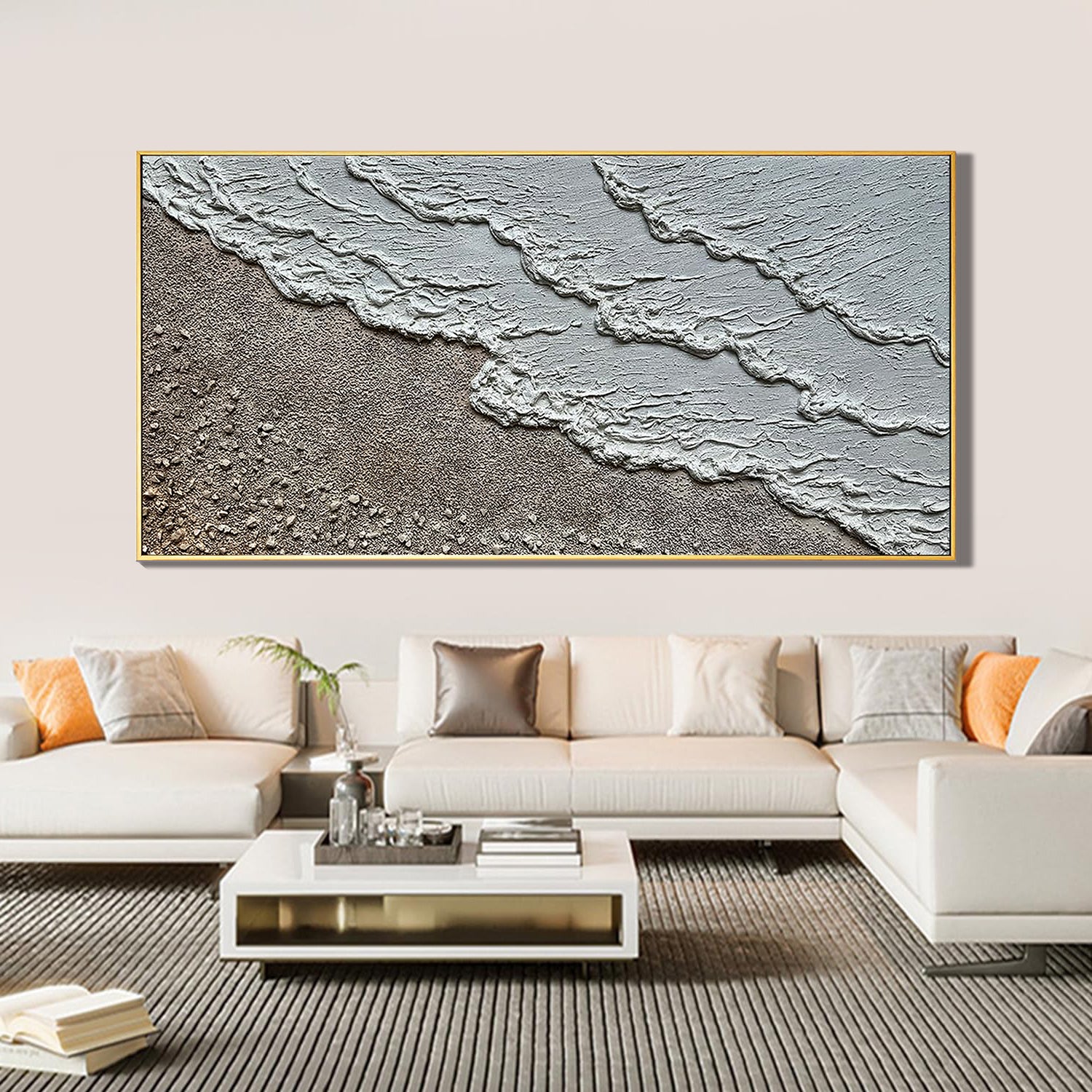 Coastal Reach – Wabi-Sabi Sand and Wave Relief Texture Painting | Contemporary Landscape Living Room & Dining Room Art